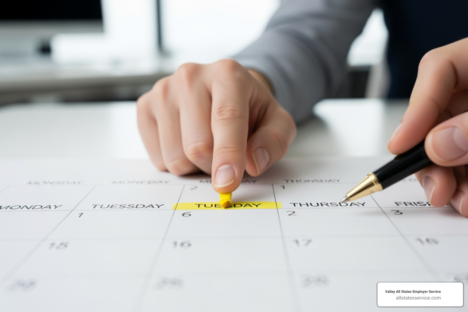 A calendar highlighting the three-business-day window for completing Form I-9 Section 2, starting from an employee's first day of work. - I-9 section 2 requirements