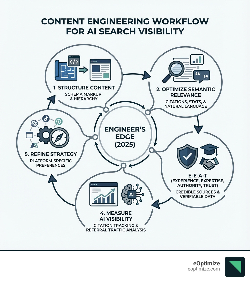 infographic showing the content engineering workflow: structure content with schema markup, optimize semantic relevance through citations and statistics, build trust signals with E-E-A-T, measure AI visibility through citation tracking and referral traffic analysis, refine based on platform-specific preferences - how content engineers drive ai search visibility infographic 