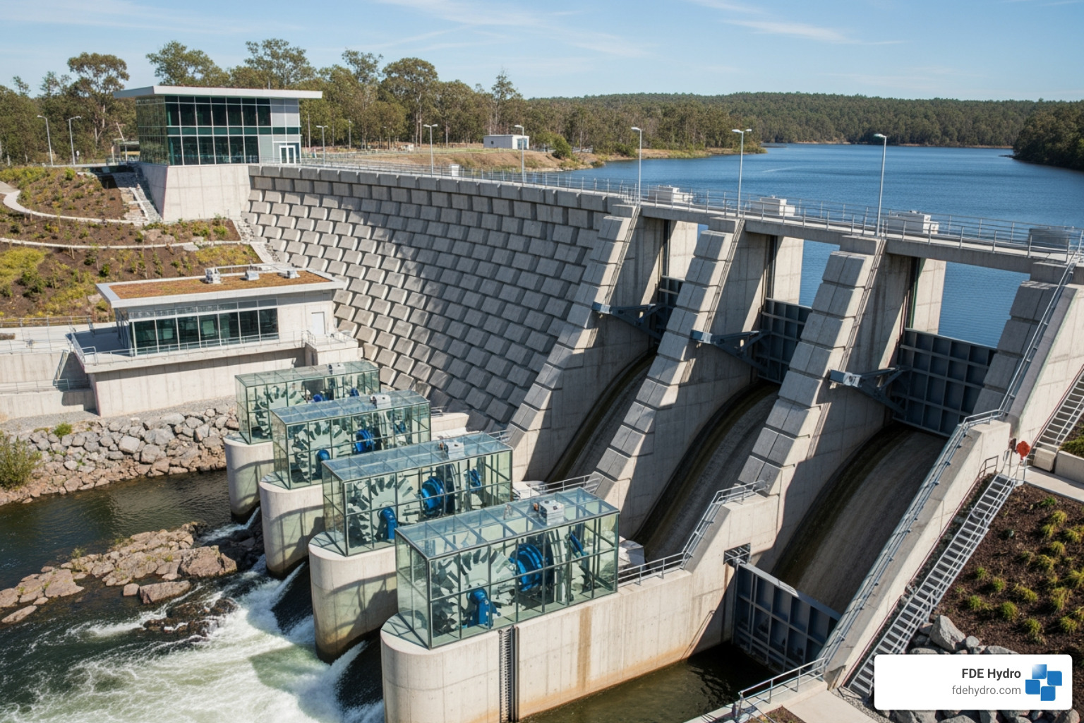 A modern, modular dam structure with integrated hydroelectric turbines, showcasing advanced engineering and precast concrete elements - green energy construction