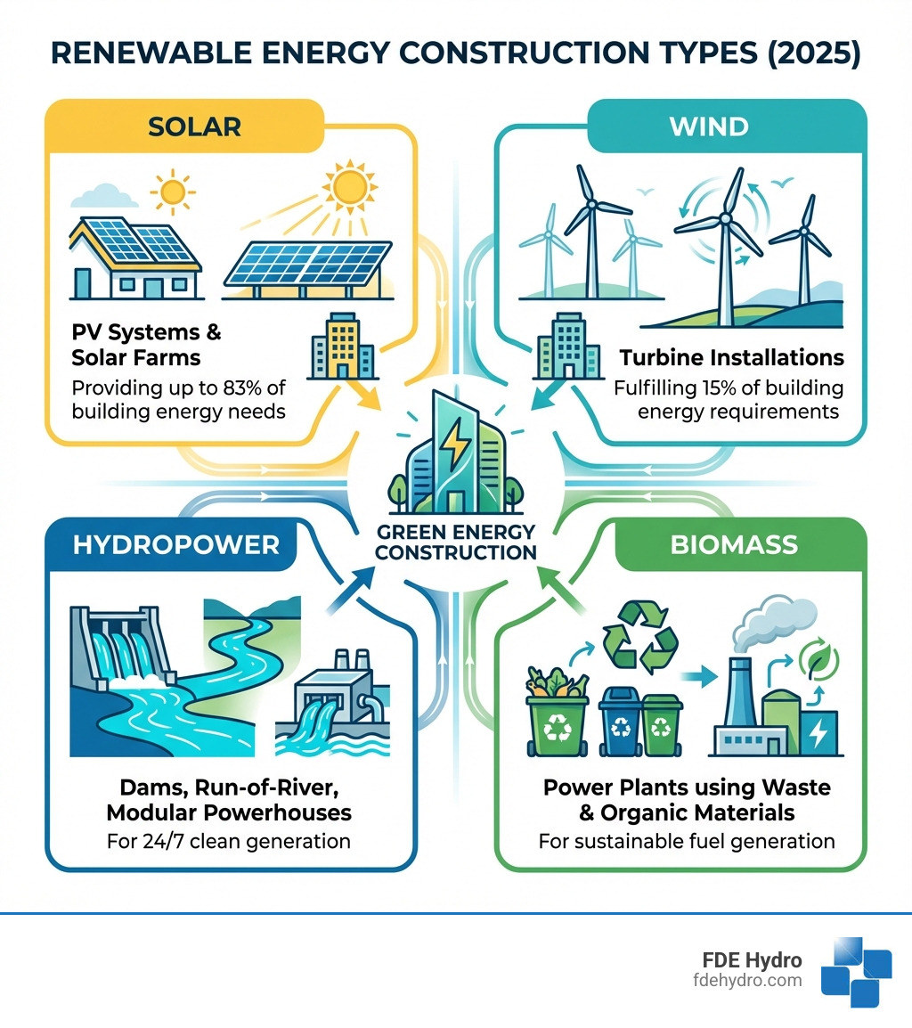 Infographic showing the four primary types of renewable energy construction: Solar (photovoltaic systems and solar farms providing up to 83% of building energy needs), Wind (turbine installations fulfilling 15% of building energy requirements), Hydropower (dams, run-of-river systems, and modular powerhouses for 24/7 clean generation), and Biomass (power plants using municipal waste and organic materials for sustainable fuel generation) - green energy construction infographic 