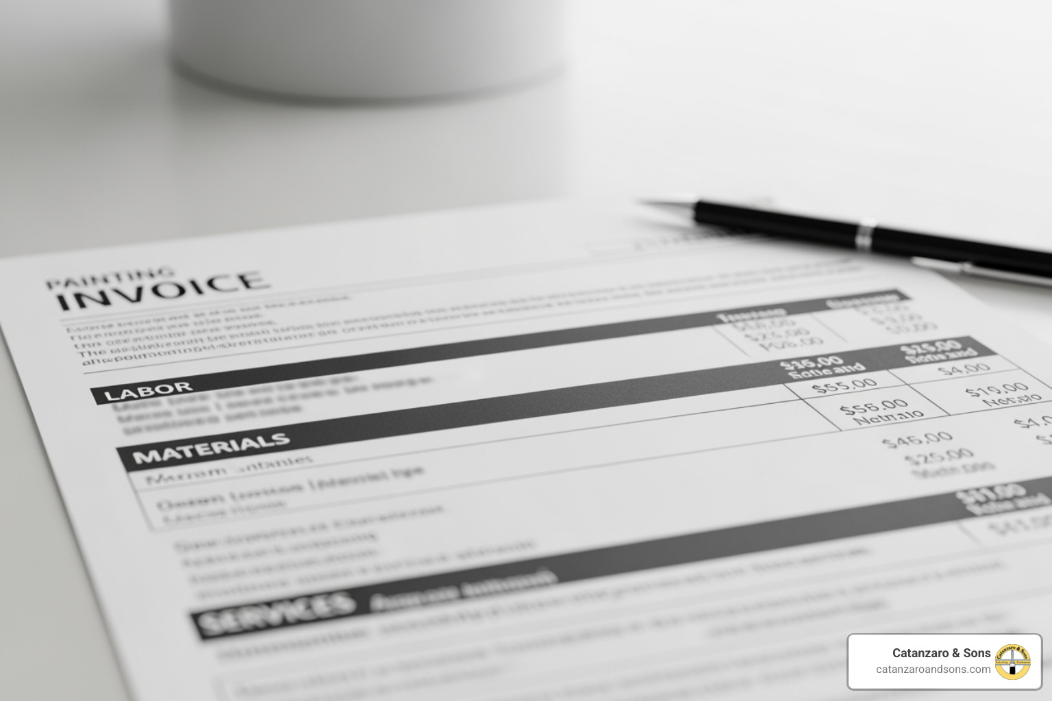 A detailed invoice showing line items for painting services, materials, and labor. - professional painters bristol A detailed invoice showing line items for painting services, materials, and labor. - professional painters bristol