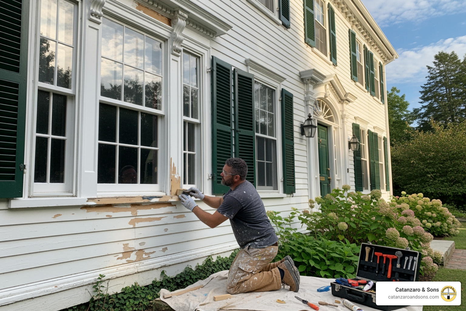 Skilled painter meticulously repairing wood trim on a historic Bristol home. - professional painters bristol Skilled painter meticulously repairing wood trim on a historic Bristol home. - professional painters bristol