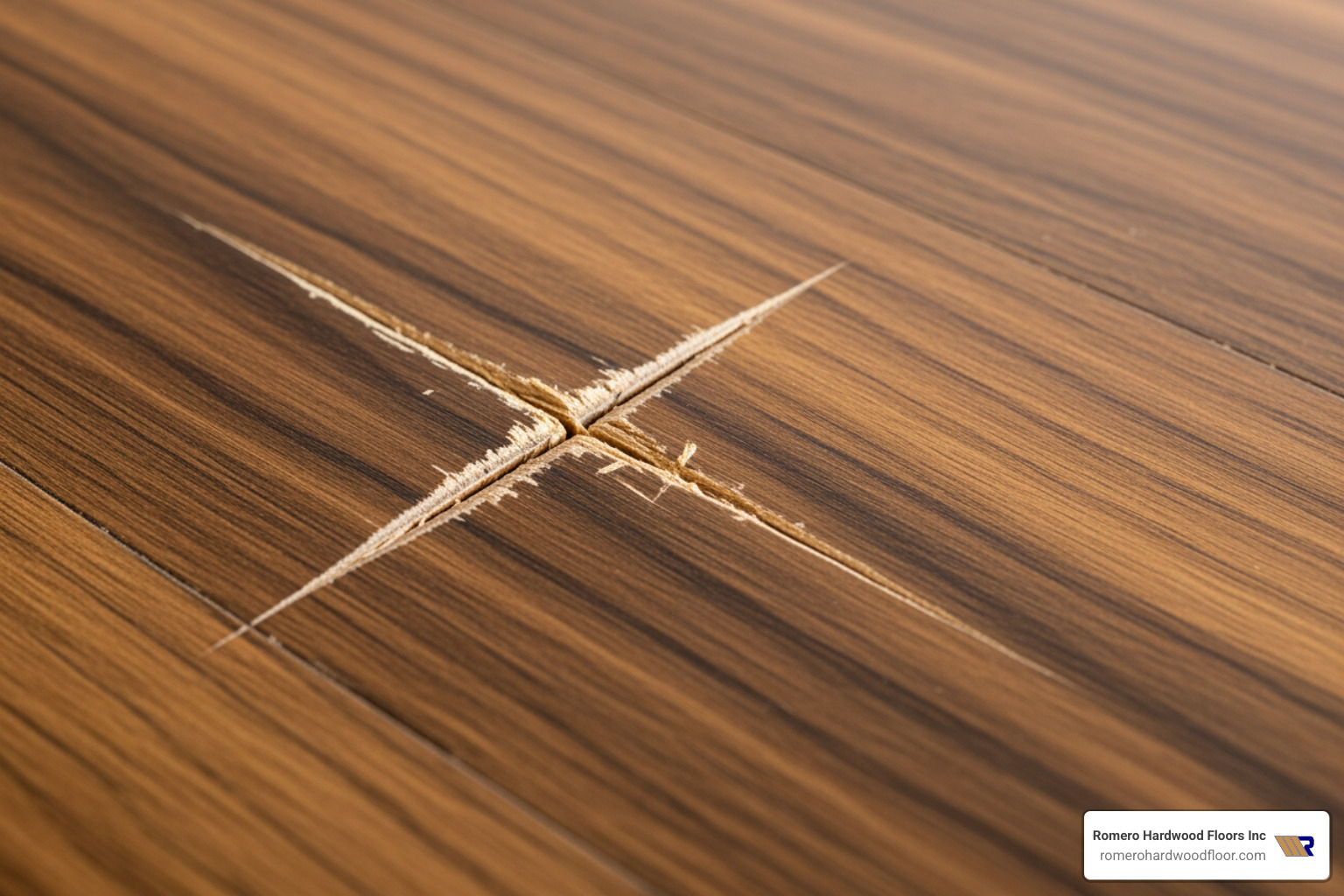 Close-up of a scratch on a hardwood floor caused by a plastic chair glide. - plastic chair glides on hardwood floors