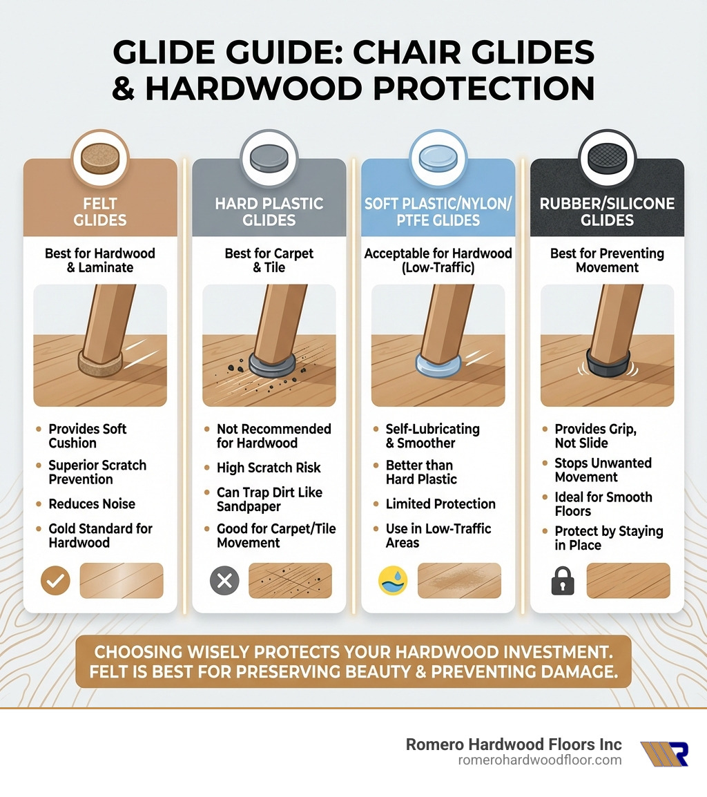Infographic comparing four main types of chair glides: Felt glides (best for hardwood and laminate floors, provides soft cushion and scratch prevention), Hard Plastic glides (best for carpet and tile, not recommended for hardwood due to scratch risk), Soft Plastic/Nylon/PTFE glides (acceptable for hardwood in low-traffic areas, self-lubricating and smoother than hard plastic), and Rubber/Silicone glides (best for preventing movement on smooth floors, provides grip rather than slide) - plastic chair glides on hardwood floors infographic 