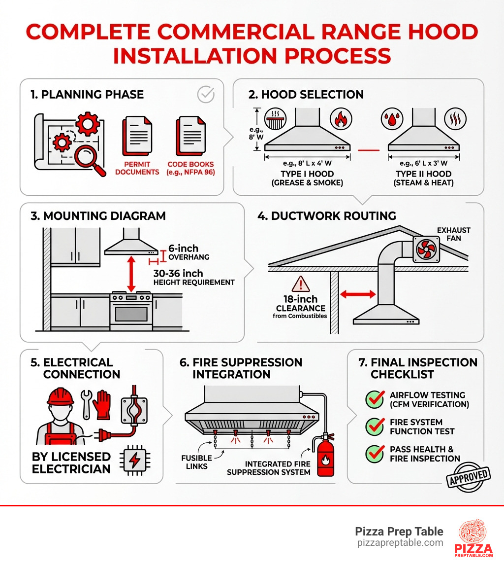 Detailed infographic showing the complete commercial range hood installation process: 1) Planning phase with permit documents and code books, 2) Hood selection showing Type I and Type II hoods with dimensions, 3) Mounting diagram with 30-36 inch height requirement and 6-inch overhang, 4) Ductwork routing with 18-inch clearance from combustibles, 5) Electrical connection by licensed electrician, 6) Fire suppression system integration with nozzles and fusible links, 7) Final inspection checklist with testing procedures - commercial range hood installation infographic 