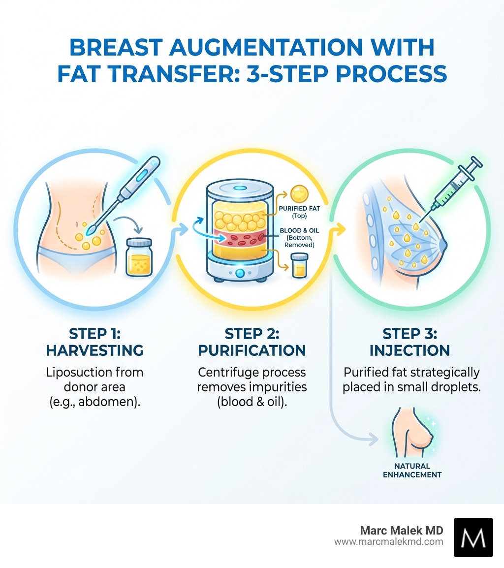infographic showing the three main steps of breast augmentation with fat transfer: step 1 shows liposuction harvesting fat from the abdomen with a cannula, step 2 shows purification process with centrifuge removing blood and oil, and step 3 shows strategic injection of purified fat into breast tissue in small droplets - breast augmentation with fat transfer infographic infographic showing the three main steps of breast augmentation with fat transfer: step 1 shows liposuction harvesting fat from the abdomen with a cannula, step 2 shows purification process with centrifuge removing blood and oil, and step 3 shows strategic injection of purified fat into breast tissue in small droplets - breast augmentation with fat transfer infographic