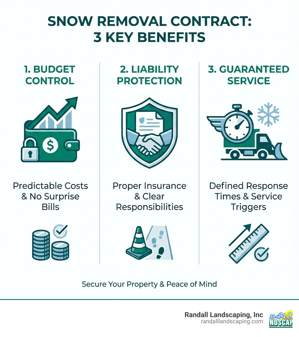 infographic showing three key benefits of a snow removal contract: 1. Budget Control with predictable costs and no surprise bills, 2. Liability Protection through proper insurance and clear responsibilities, 3. Guaranteed Service with defined response times and service triggers - snow removal contract infographic 