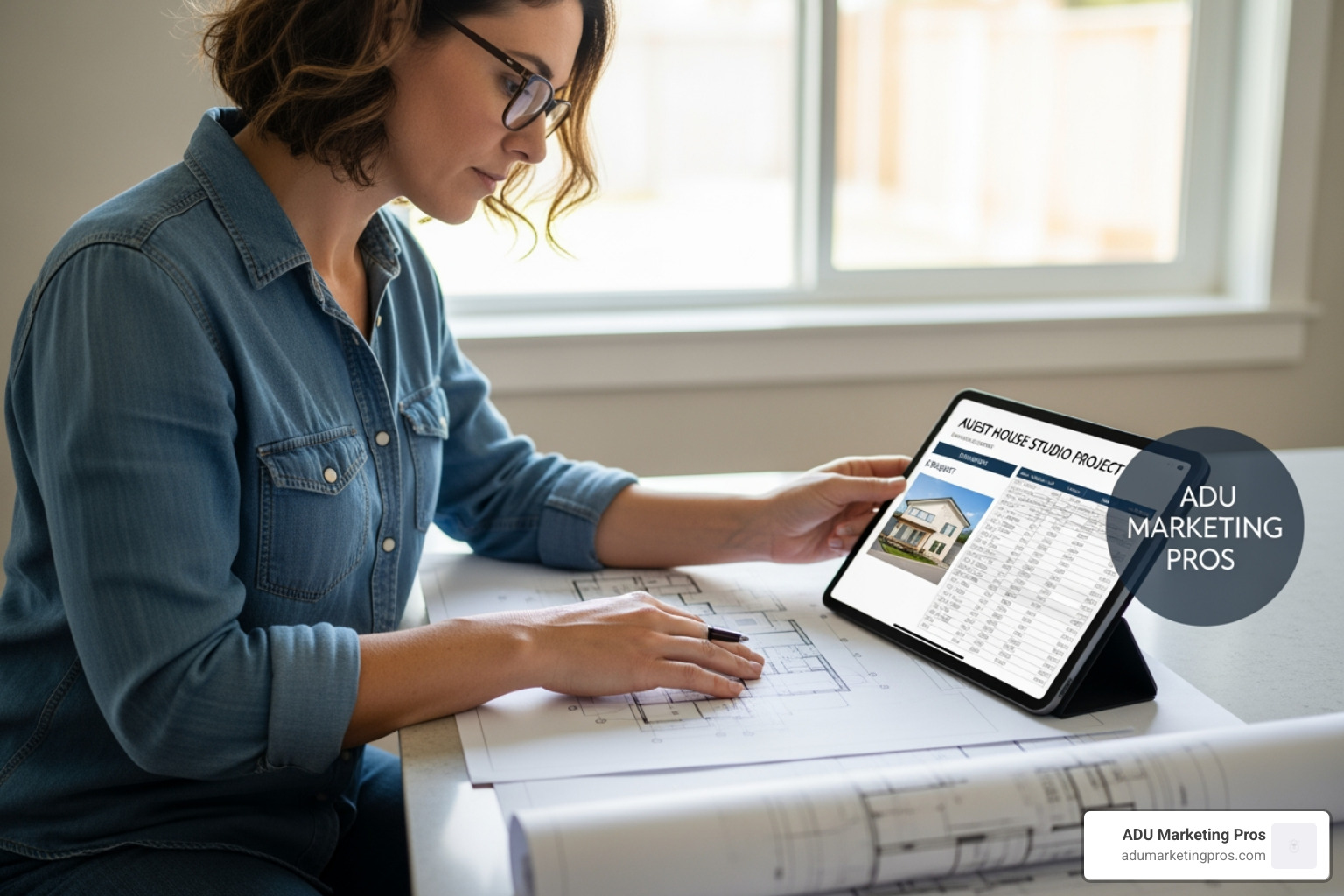 Homeowner reviewing blueprints and a budget spreadsheet for their guest house studio project on a tablet, with ADU Marketing Pros branding visible. - Guest house studio