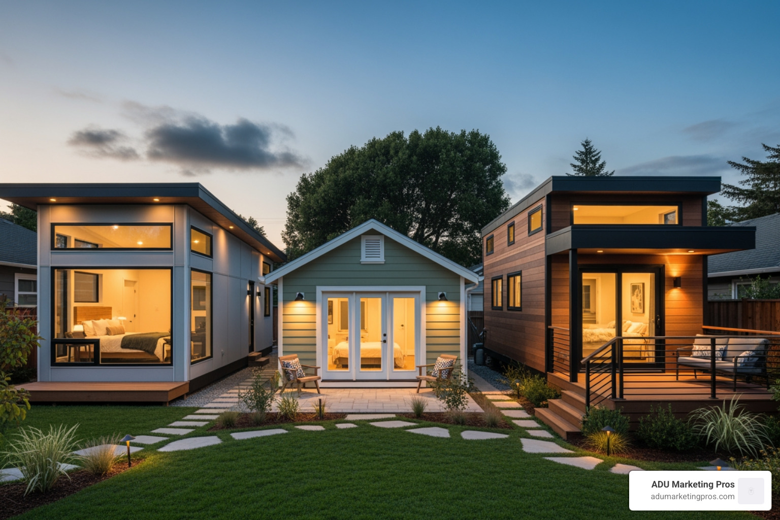 Three guest house studio styles side-by-side: a custom-built ADU with modern lines, a professionally converted garage with French doors, and a sleek modular unit installed in a landscaped yard. - Guest house studio