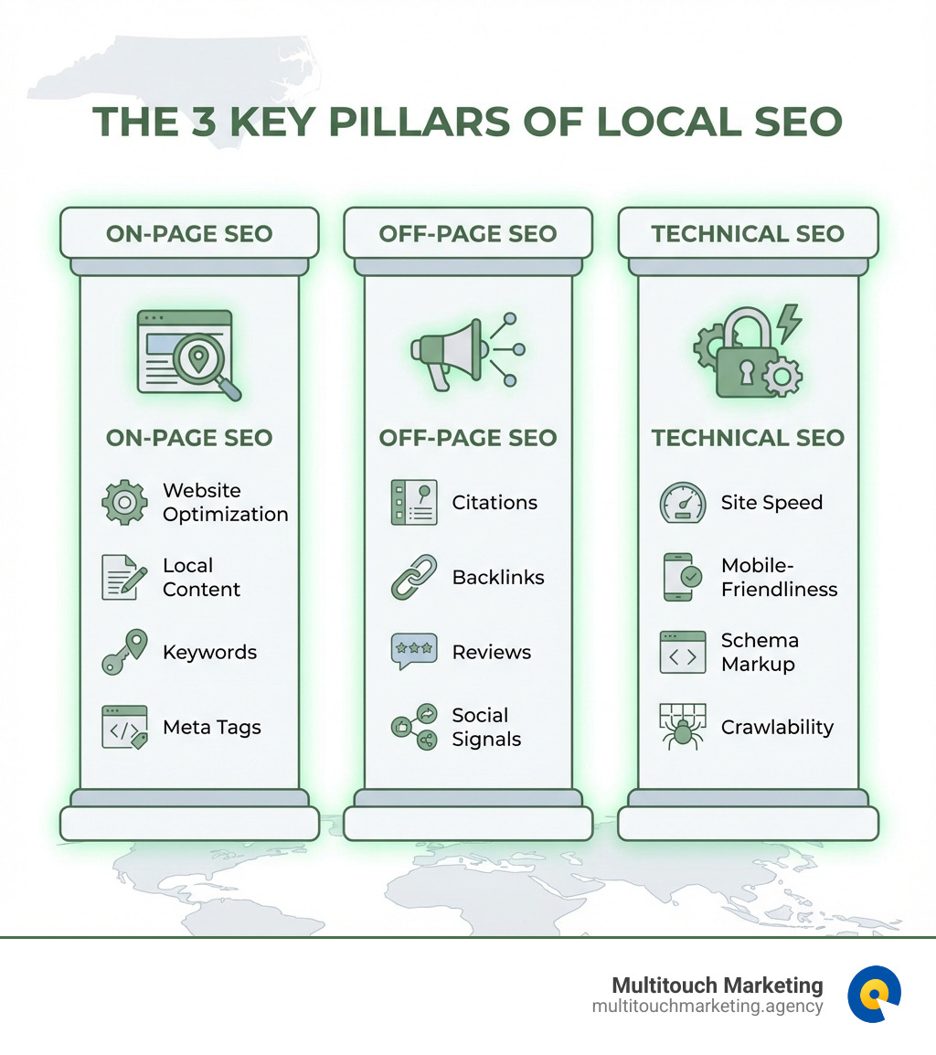 Infographic showing the three key pillars of local SEO: On-Page SEO (website optimization, content, keywords, meta tags), Off-Page SEO (citations, backlinks, reviews, social signals), and Technical SEO (site speed, mobile-friendliness, schema markup, crawlability) - local seo company north carolina infographic Infographic showing the three key pillars of local SEO: On-Page SEO (website optimization, content, keywords, meta tags), Off-Page SEO (citations, backlinks, reviews, social signals), and Technical SEO (site speed, mobile-friendliness, schema markup, crawlability) - local seo company north carolina infographic