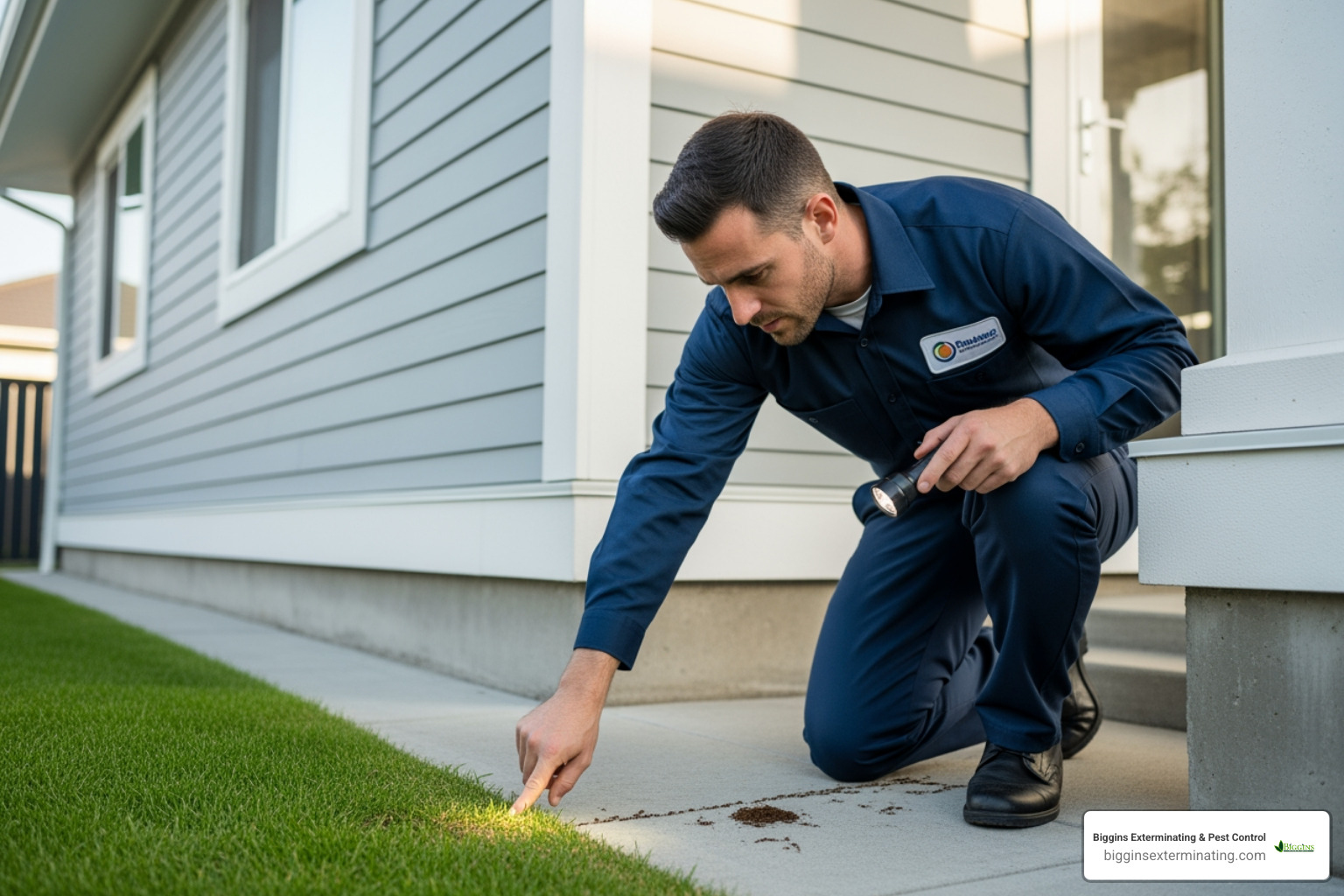 Image of a pest control technician inspecting a home's exterior - ant exterminator lexington