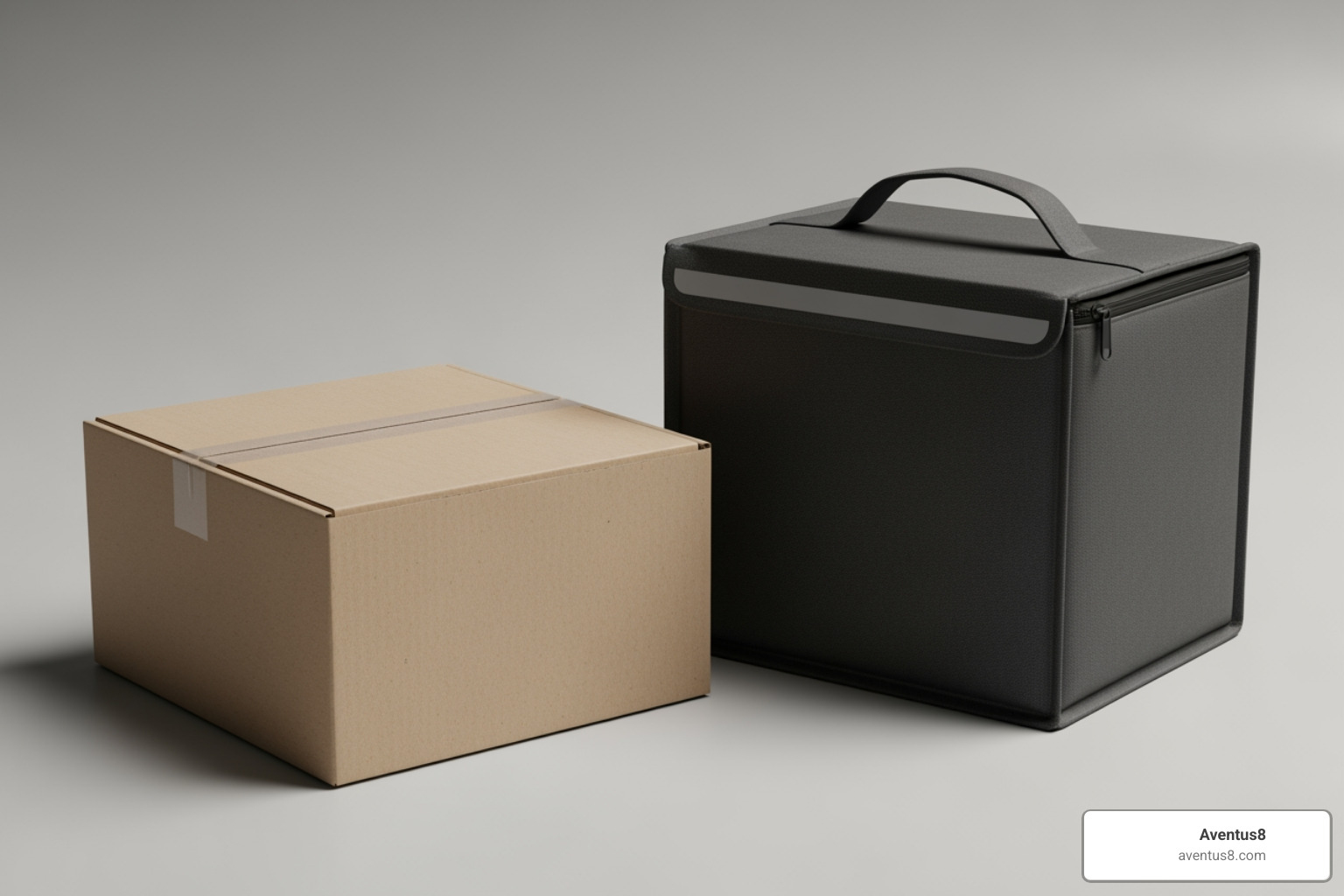 plain brown box next to a generic food delivery bag - Discreet cannabis delivery