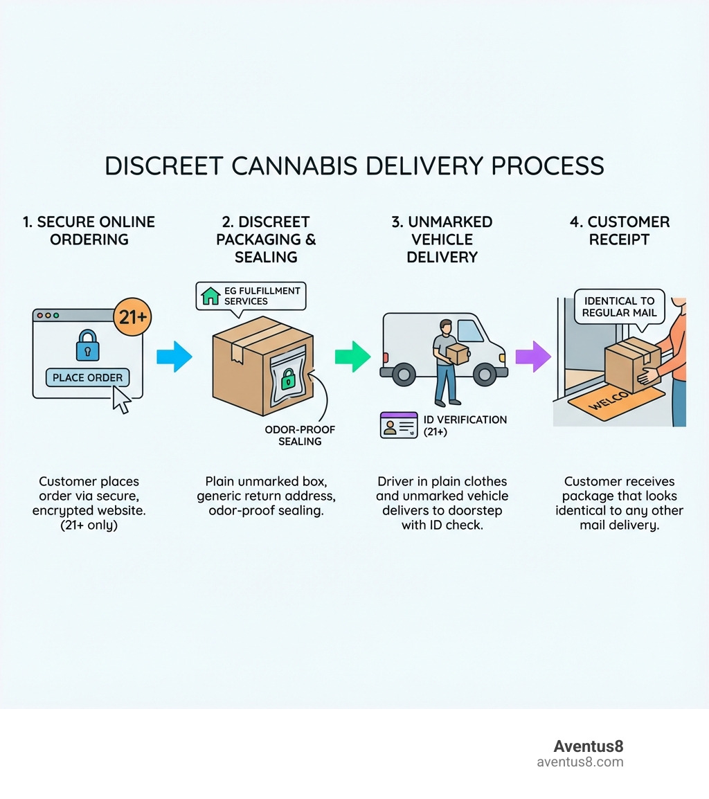 Infographic showing the discreet cannabis delivery process: customer places order online through secure website, order is packaged in plain unmarked box with generic return address and odor-proof sealing, delivery driver in unmarked vehicle and plain clothes delivers package to doorstep with ID verification for customers 21 and over, customer receives package that looks identical to any other mail delivery - Discreet cannabis delivery infographic 