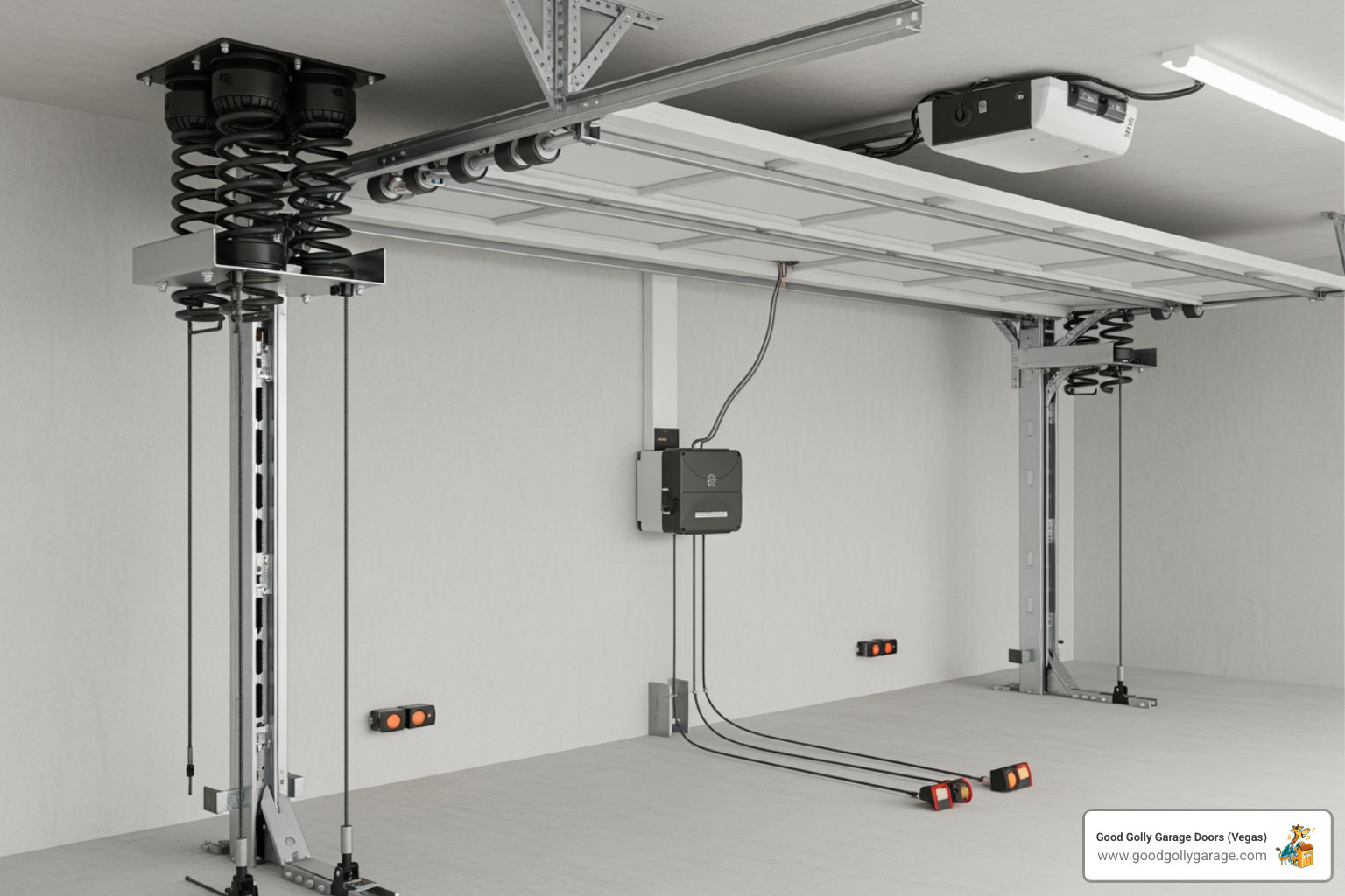 infographic showing labeled diagram of garage door components including torsion springs at the top, vertical tracks on sides, rollers inside tracks, horizontal tracks at ceiling, cables running from bottom brackets, safety sensors at floor level, and wall-mounted opener unit - garage door stuck henderson nv infographic showing labeled diagram of garage door components including torsion springs at the top, vertical tracks on sides, rollers inside tracks, horizontal tracks at ceiling, cables running from bottom brackets, safety sensors at floor level, and wall-mounted opener unit - garage door stuck henderson nv