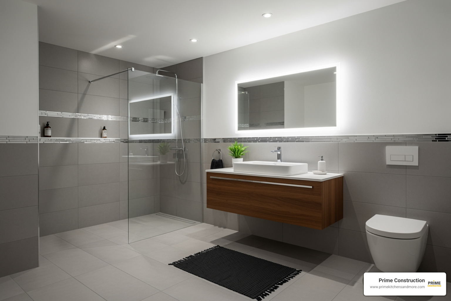 stylish medium-sized bathroom showcasing floor and wall tiles - retiling bathroom cost