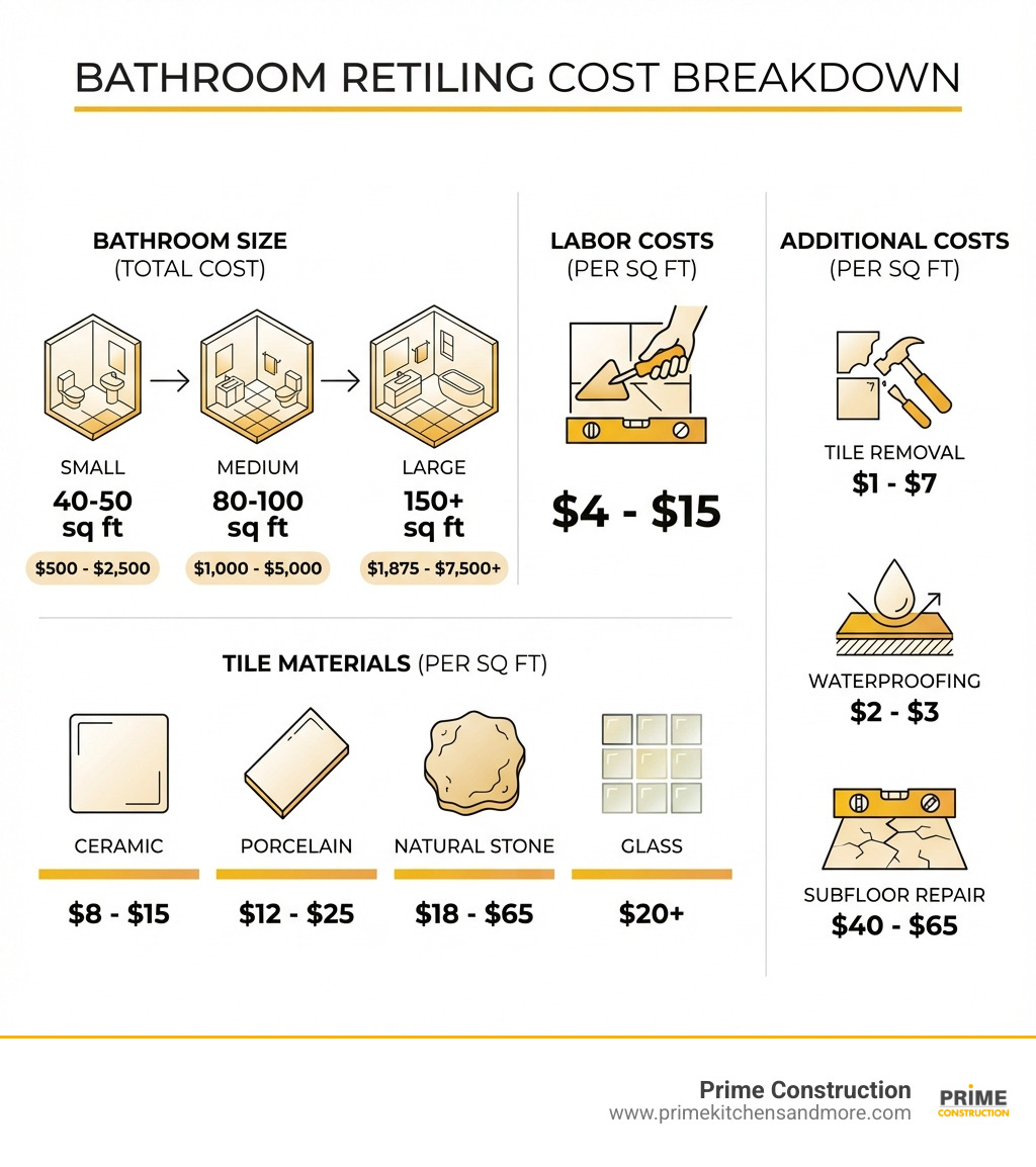 Infographic showing bathroom retiling cost breakdown: bathroom size (small 40-50 sq ft costs $500-2500, medium 80-100 sq ft costs $1000-5000, large 150+ sq ft costs $1875-7500+), tile materials (ceramic $8-15/sq ft, porcelain $12-25/sq ft, natural stone $18-65/sq ft, glass $20+/sq ft), labor costs ($4-15/sq ft), and additional costs (tile removal $1-7/sq ft, waterproofing $2-3/sq ft, subfloor repair $40-65/sq ft) - retiling bathroom cost infographic 