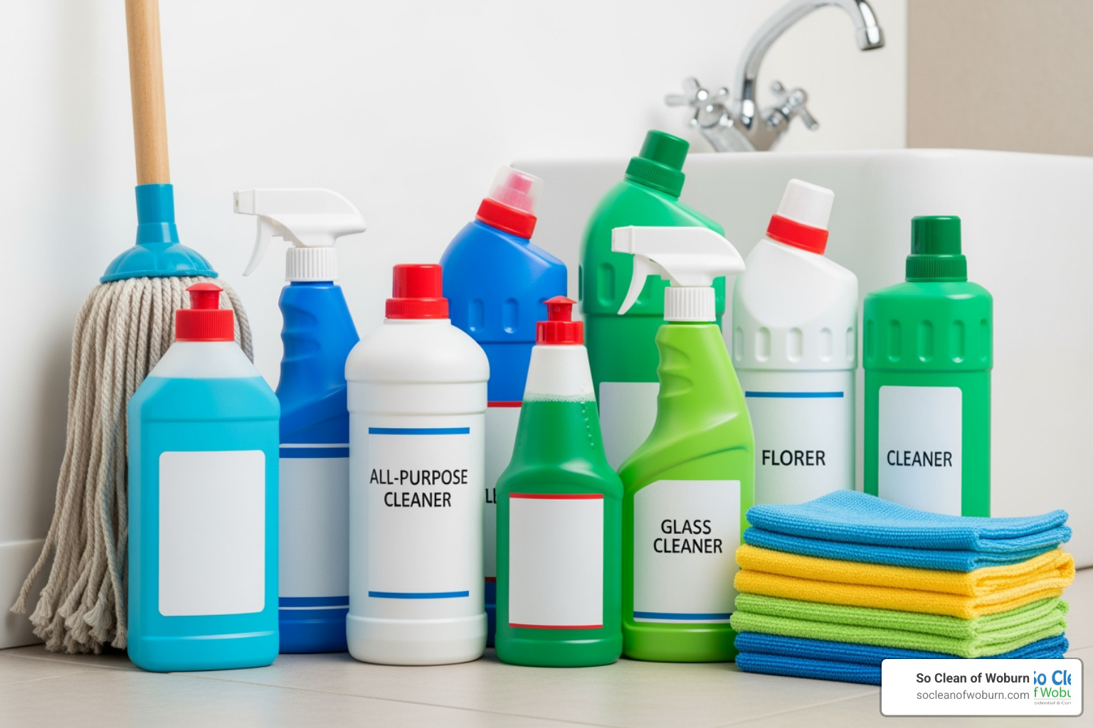 collection of generic cleaning bottles, a mop, and microfiber cloths - best floor cleaning products collection of generic cleaning bottles, a mop, and microfiber cloths - best floor cleaning products