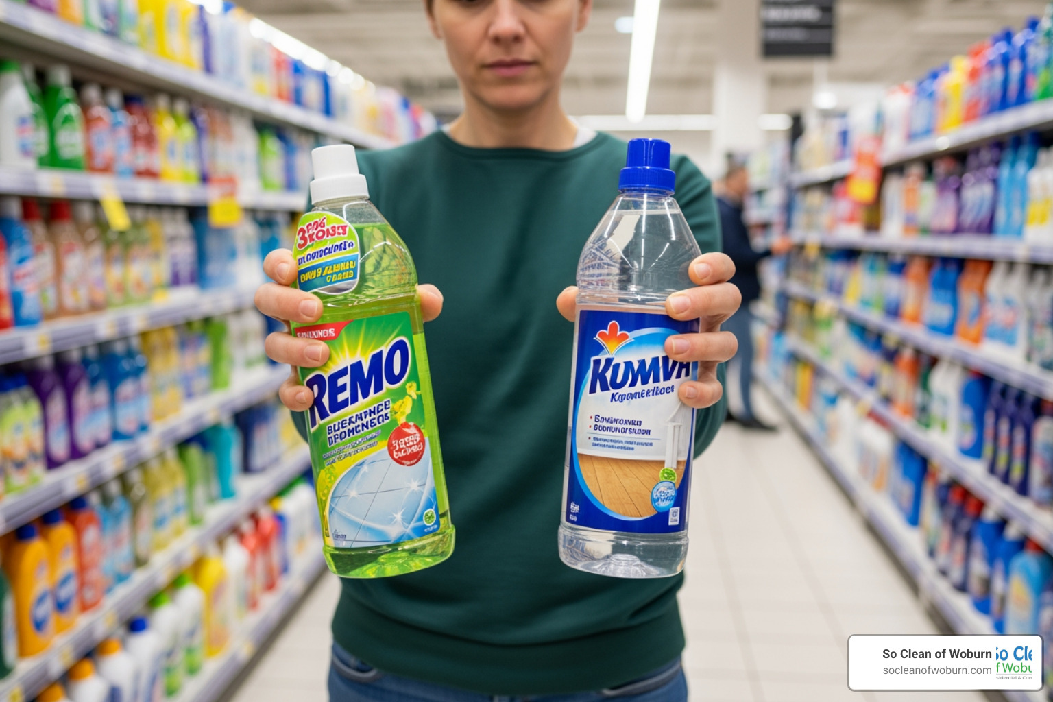 person comparing two different floor cleaner bottles in a store aisle - best floor cleaning products person comparing two different floor cleaner bottles in a store aisle - best floor cleaning products