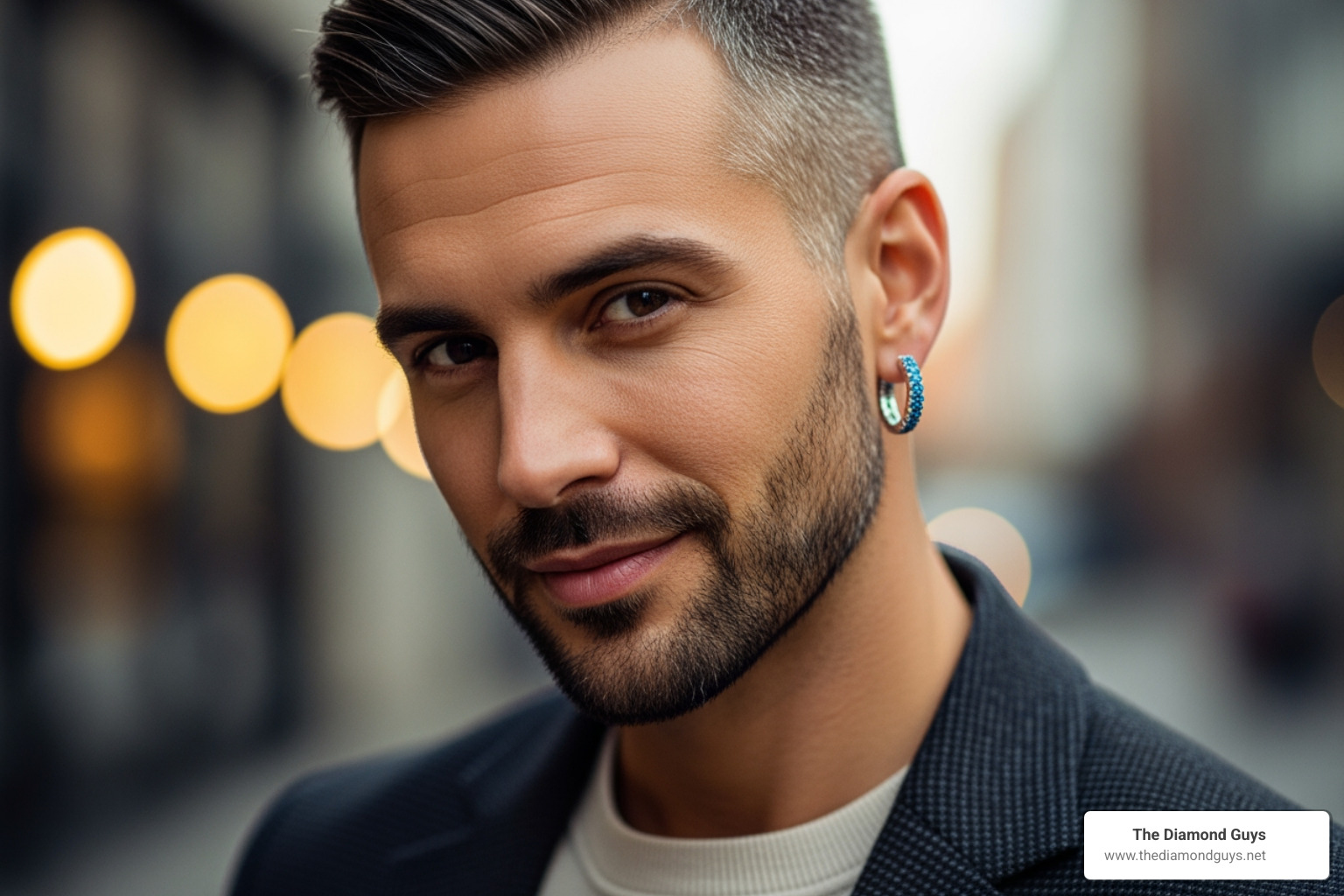 Man wearing blue diamond hoop earrings, showcasing a modern and stylish look - blue diamond earrings for guys Man wearing blue diamond hoop earrings, showcasing a modern and stylish look - blue diamond earrings for guys