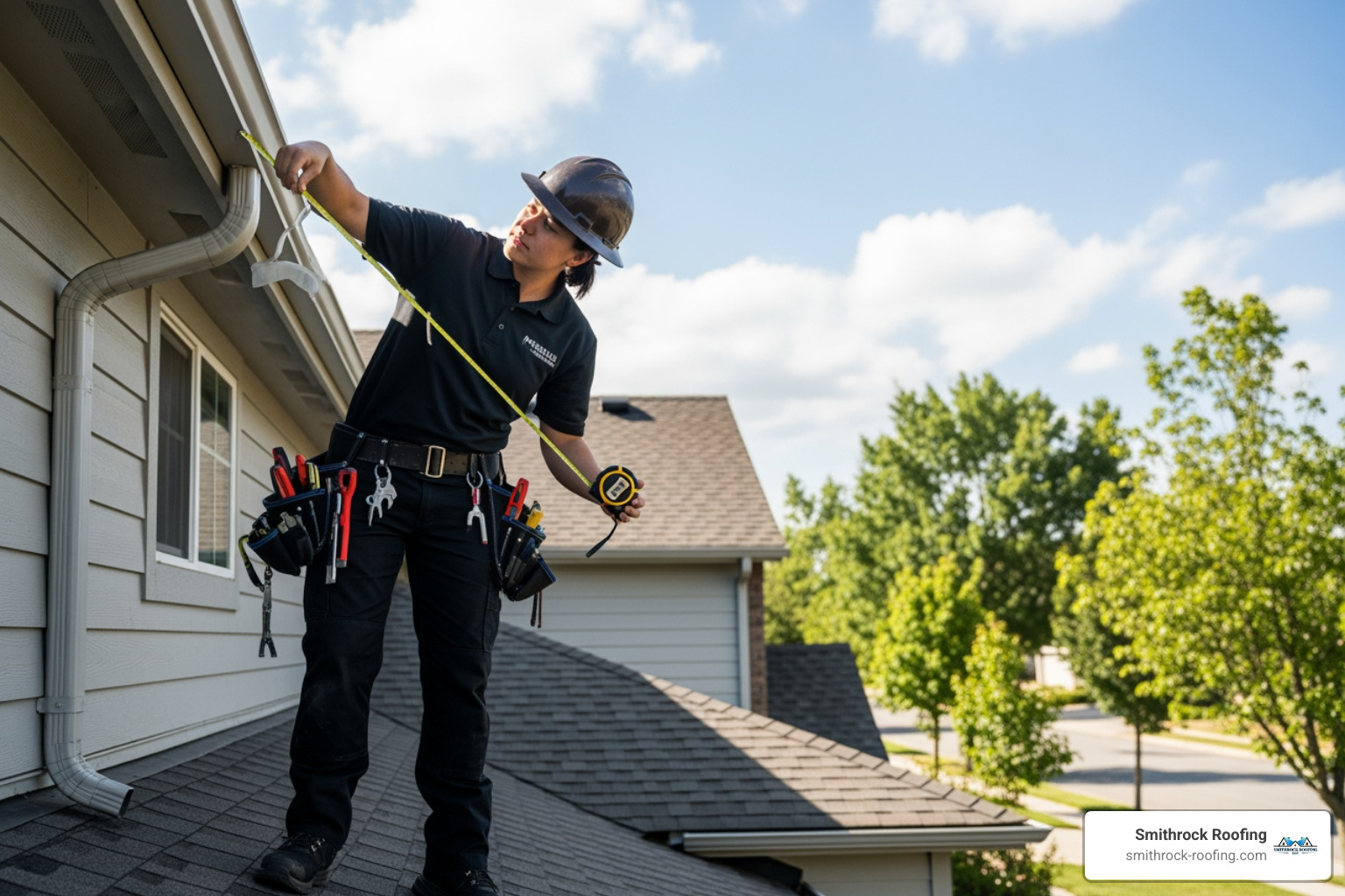 A gutter installation professional taking measurements on a house - Seamless gutter cost A gutter installation professional taking measurements on a house - Seamless gutter cost