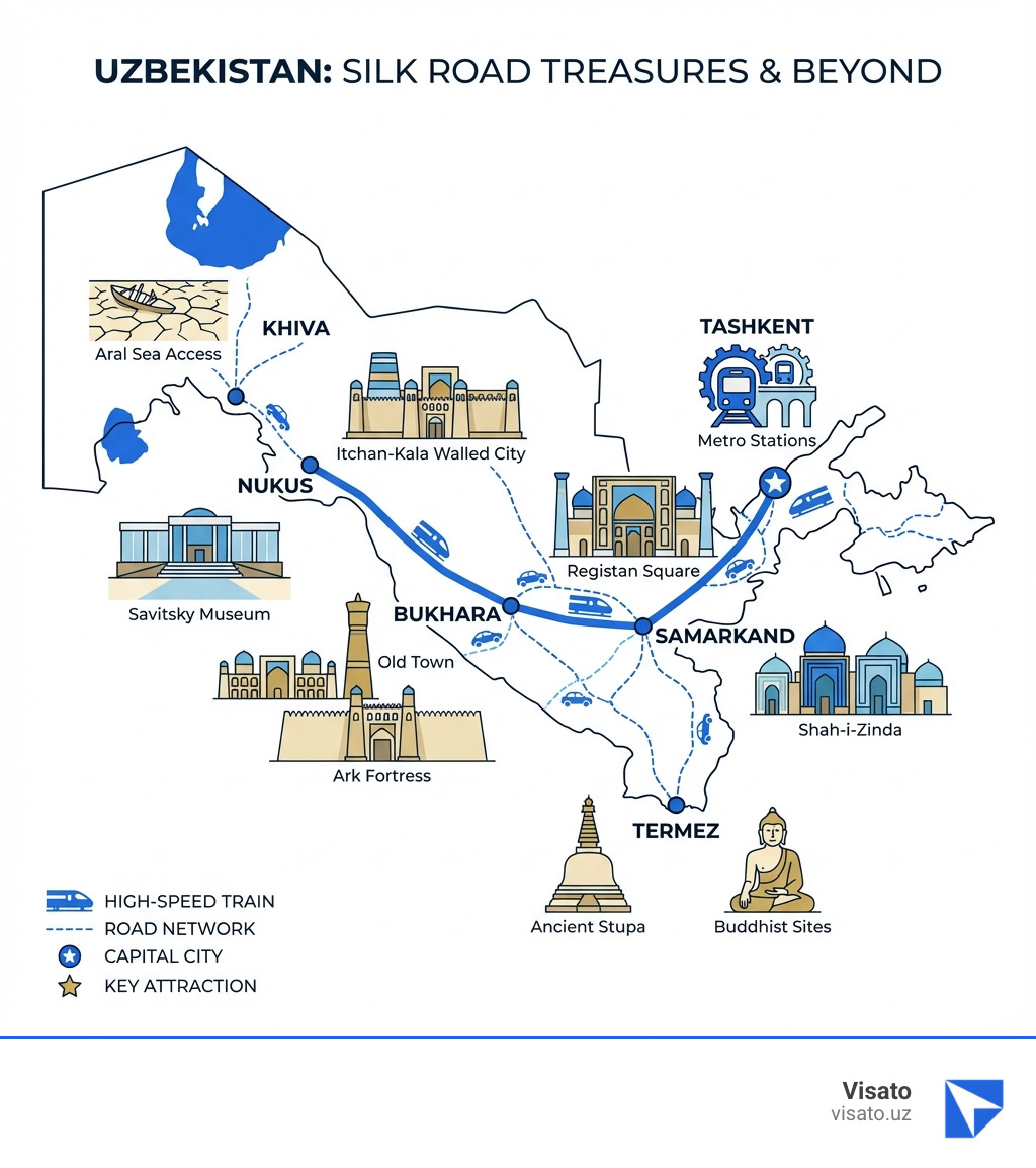 Infographic showing a map of Uzbekistan with key tourist cities: Tashkent in the northeast (capital and metro stations), Samarkand in the center (Registan Square and Shah-i-Zinda), Bukhara in the west (Old Town and Ark Fortress), Khiva in the northwest (Itchan-Kala walled city), Termez in the south (Buddhist sites), and Nukus in the west (Savitsky Museum and Aral Sea access). Icons mark each city's main attractions, with travel routes connecting them via high-speed trains and roads. - what to see in uzbekistan infographic Infographic showing a map of Uzbekistan with key tourist cities: Tashkent in the northeast (capital and metro stations), Samarkand in the center (Registan Square and Shah-i-Zinda), Bukhara in the west (Old Town and Ark Fortress), Khiva in the northwest (Itchan-Kala walled city), Termez in the south (Buddhist sites), and Nukus in the west (Savitsky Museum and Aral Sea access). Icons mark each city's main attractions, with travel routes connecting them via high-speed trains and roads. - what to see in uzbekistan infographic