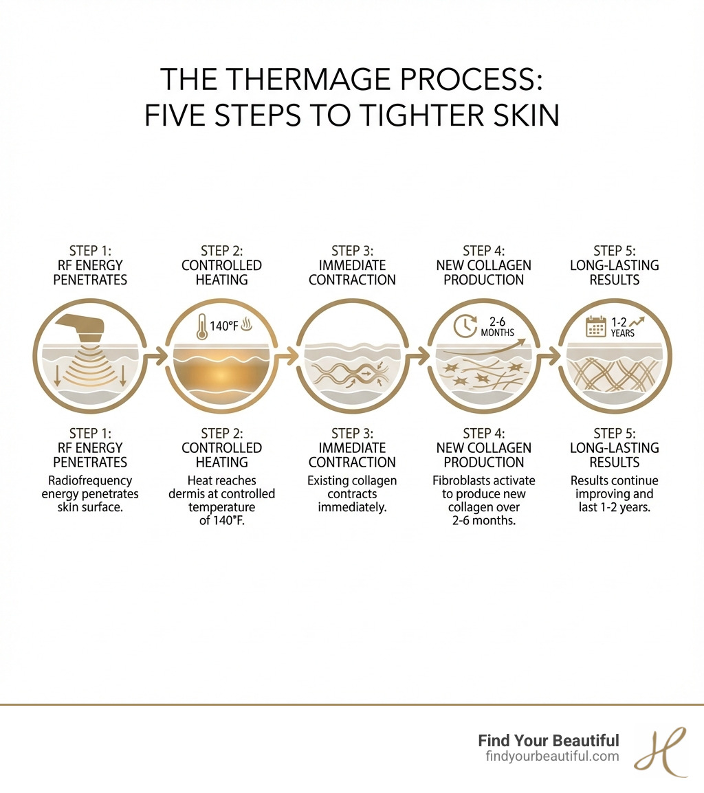 Detailed infographic showing the Thermage process: Step 1 - Radiofrequency energy penetrates skin surface; Step 2 - Heat reaches dermis at controlled temperature of 140°F; Step 3 - Existing collagen contracts immediately; Step 4 - Fibroblasts activate to produce new collagen over 2-6 months; Step 5 - Results continue improving and last 1-2 years - thermage infographic 