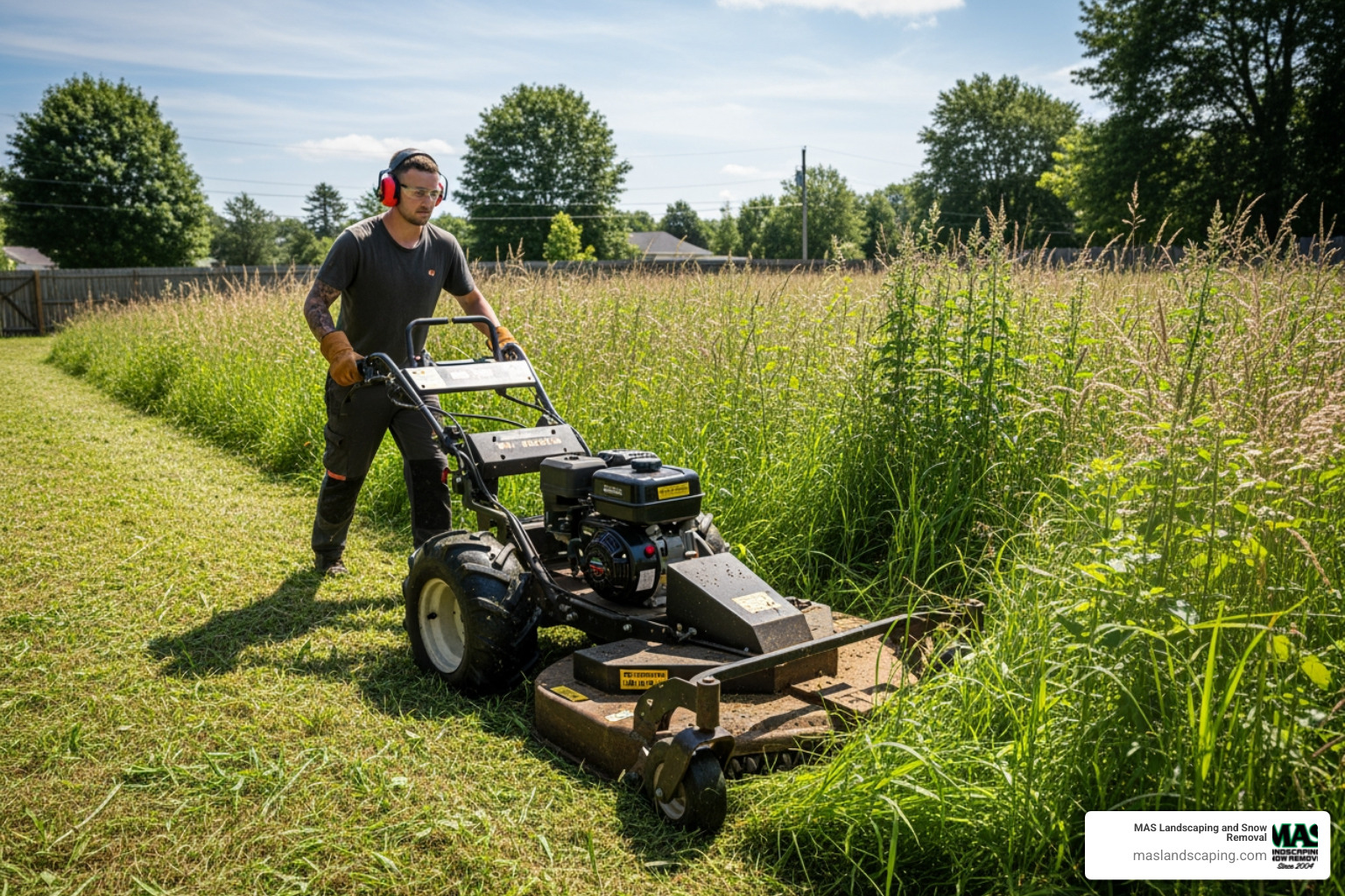 professional using a brush mower on tall grass - Overgrown Property Cleanup