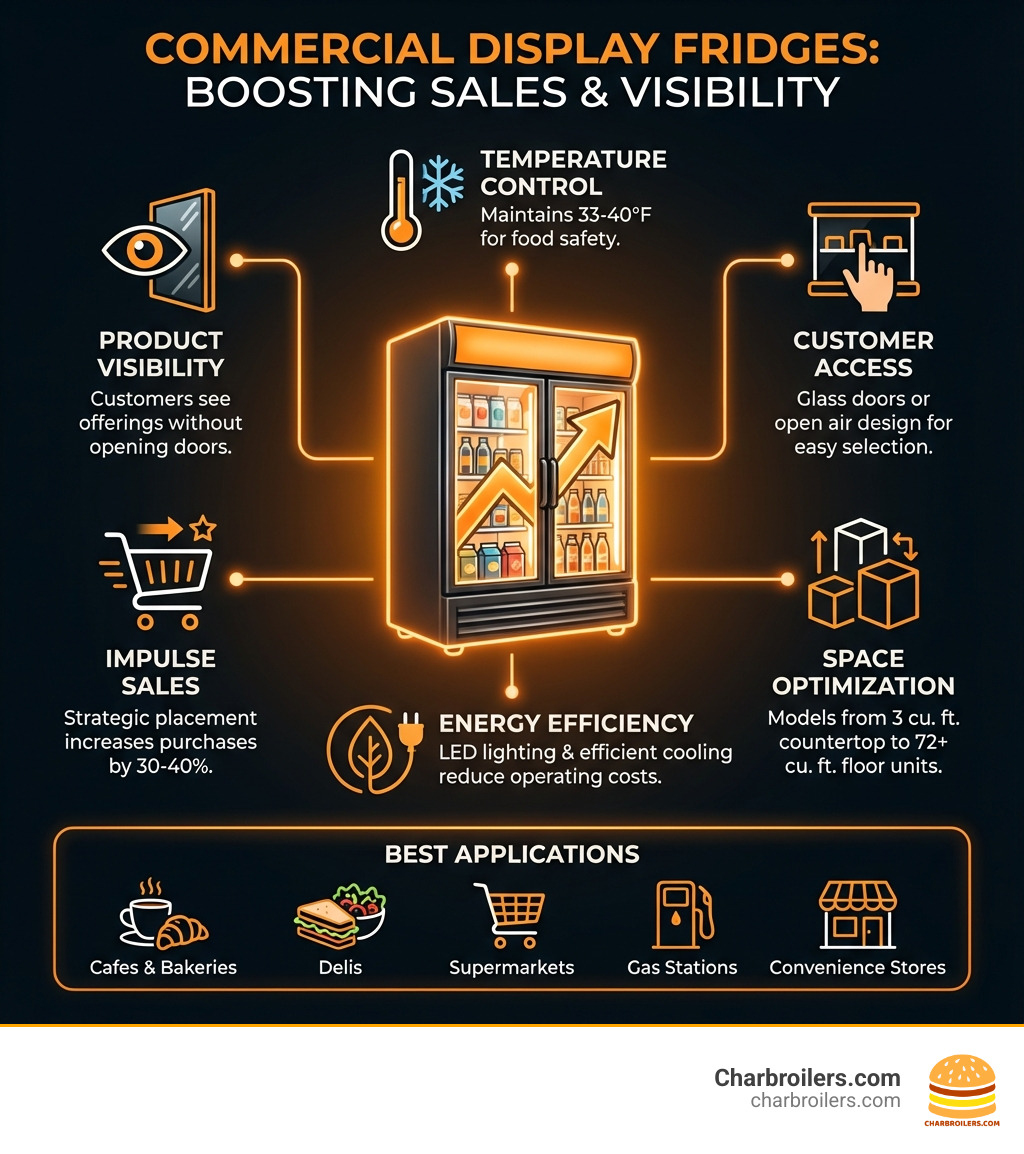 Infographic showing the impact of commercial display fridges on sales: Product Visibility (customers see offerings without opening doors), Temperature Control (maintains 33-40°F for food safety), Customer Access (glass doors or open air design for easy selection), Impulse Sales (strategic placement near checkout or high-traffic areas increases purchases by 30-40%), Energy Efficiency (LED lighting and efficient cooling systems reduce operating costs), Space Optimization (models available from 3 cu. ft. countertop units to 72+ cu. ft. floor models), and Best Applications (convenience stores, delis, cafes, bakeries, supermarkets, gas stations) - commercial display fridge infographic Infographic showing the impact of commercial display fridges on sales: Product Visibility (customers see offerings without opening doors), Temperature Control (maintains 33-40°F for food safety), Customer Access (glass doors or open air design for easy selection), Impulse Sales (strategic placement near checkout or high-traffic areas increases purchases by 30-40%), Energy Efficiency (LED lighting and efficient cooling systems reduce operating costs), Space Optimization (models available from 3 cu. ft. countertop units to 72+ cu. ft. floor models), and Best Applications (convenience stores, delis, cafes, bakeries, supermarkets, gas stations) - commercial display fridge infographic