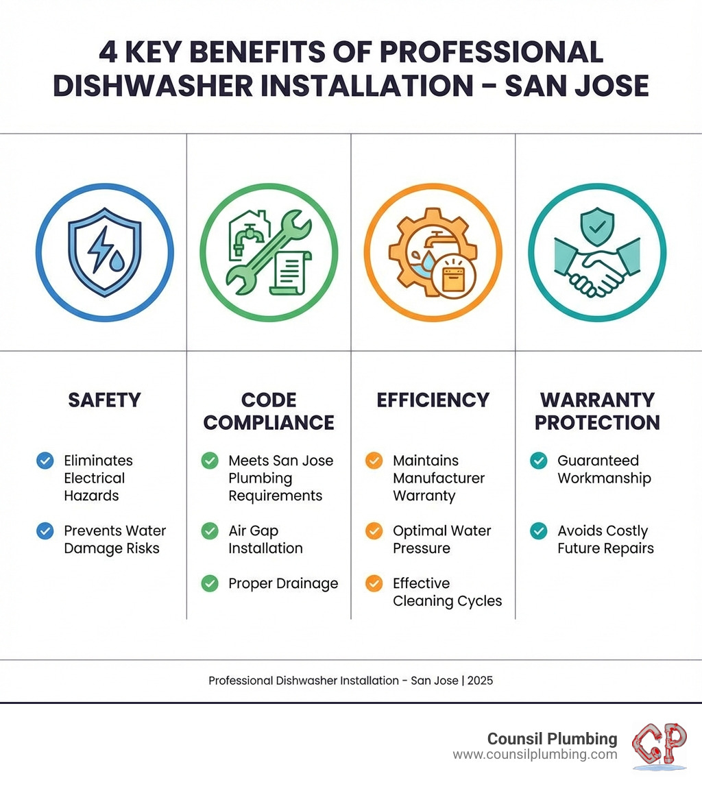 Infographic showing four key benefits of professional dishwasher installation: Safety (eliminating electrical hazards and water damage risks), Code Compliance (meeting San Jose plumbing requirements including air gap installation and proper drainage), Efficiency (maintaining manufacturer warranty, optimal water pressure, and effective cleaning cycles), and Warranty Protection (guaranteed workmanship and avoiding costly future repairs) - Dishwasher installation San Jose infographic 