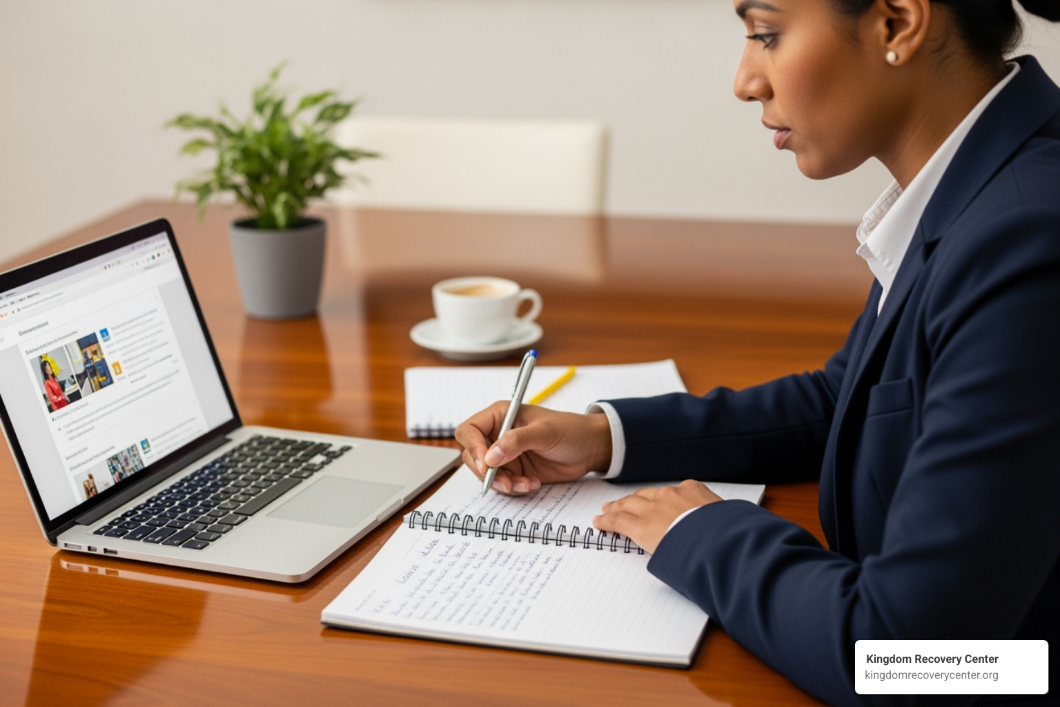 A person sitting at a table with a laptop, researching treatment options and taking notes on a notepad - outpatient rehab Chattanooga A person sitting at a table with a laptop, researching treatment options and taking notes on a notepad - outpatient rehab Chattanooga