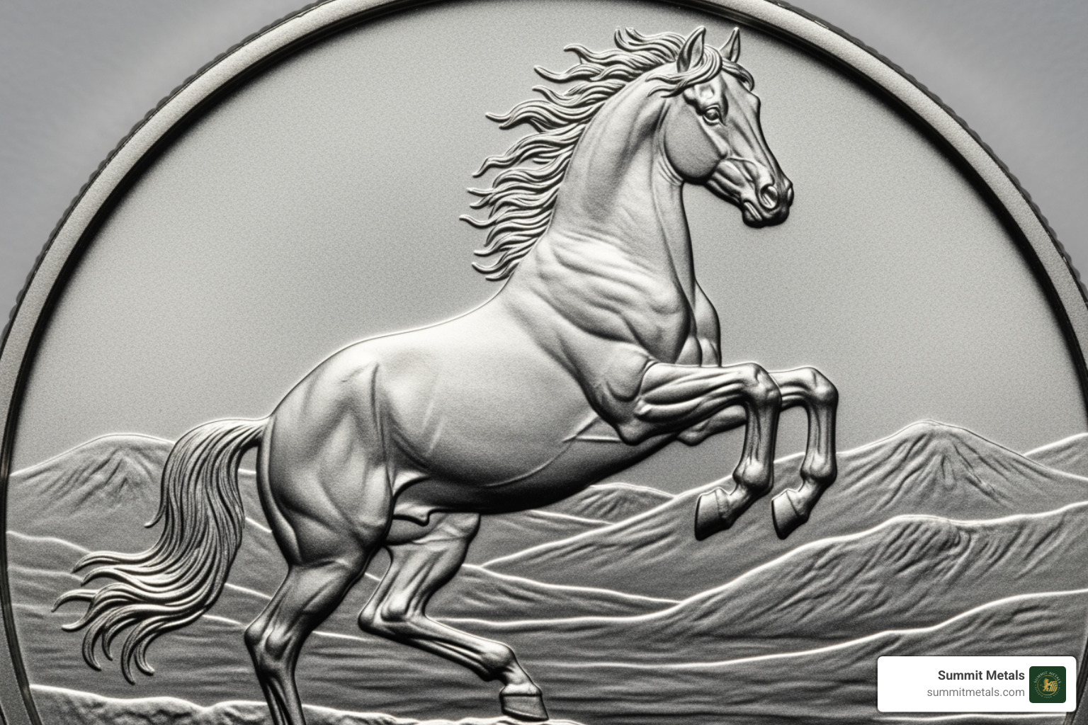 2026 Year of the Horse Platinum Coin, showing a powerful horse with elevated hooves, mountainous landscapes, and the Chinese character for Horse - 2026 platinum coin