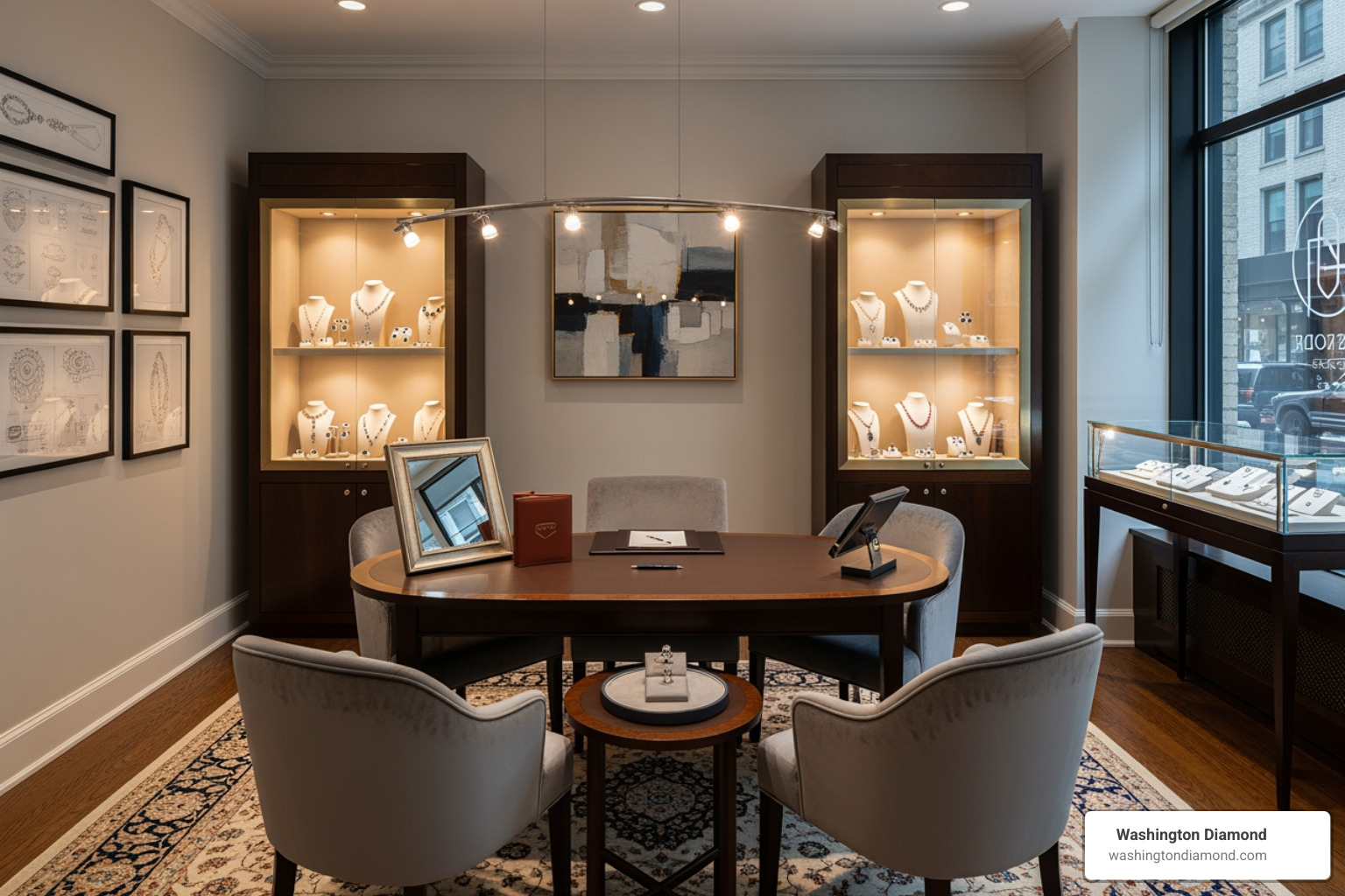 Sophisticated jewelry design studio interior with display cases and elegant seating - Custom jewelry Tysons Corner Sophisticated jewelry design studio interior with display cases and elegant seating - Custom jewelry Tysons Corner