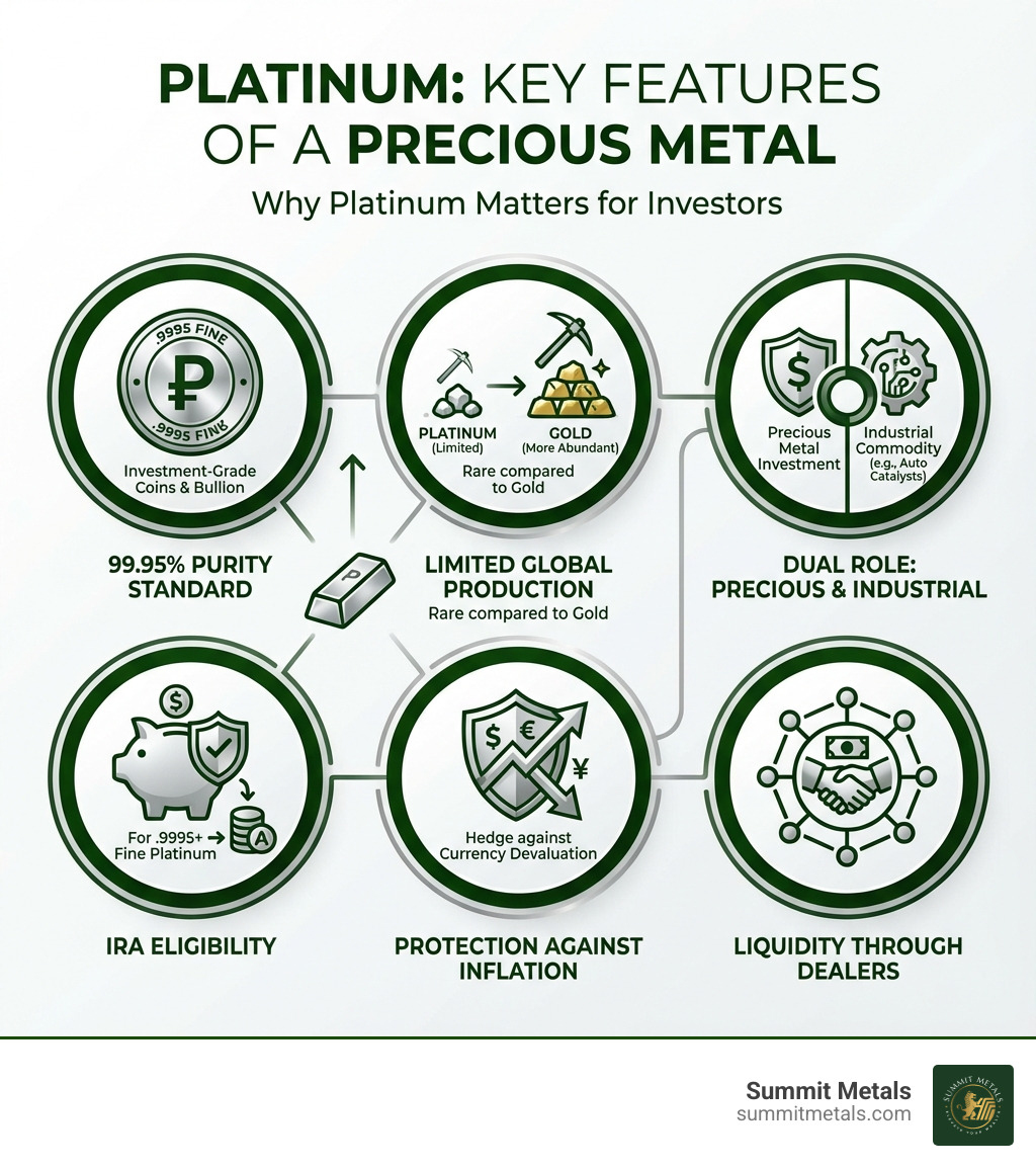 Infographic explaining the key features of platinum as a precious metal: 99.95% purity standard for investment-grade coins, limited annual global production compared to gold, dual role as both precious metal and industrial commodity, IRA eligibility for .9995+ fine platinum, protection against inflation and currency devaluation, and liquidity through established dealer networks - 2026 platinum coin infographic 