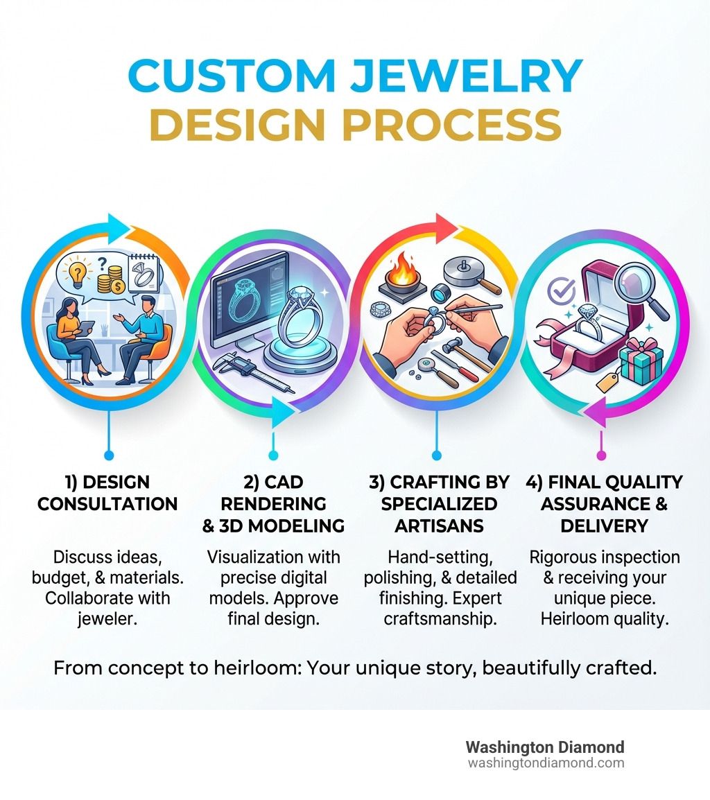 Infographic showing the custom jewelry design process: 1) Design consultation with jeweler to discuss ideas, budget, and materials, 2) CAD rendering and 3D modeling for visualization, 3) Crafting by specialized artisans with hand-setting and finishing, 4) Final quality assurance and delivery of your unique piece - Custom jewelry Tysons Corner infographic Infographic showing the custom jewelry design process: 1) Design consultation with jeweler to discuss ideas, budget, and materials, 2) CAD rendering and 3D modeling for visualization, 3) Crafting by specialized artisans with hand-setting and finishing, 4) Final quality assurance and delivery of your unique piece - Custom jewelry Tysons Corner infographic