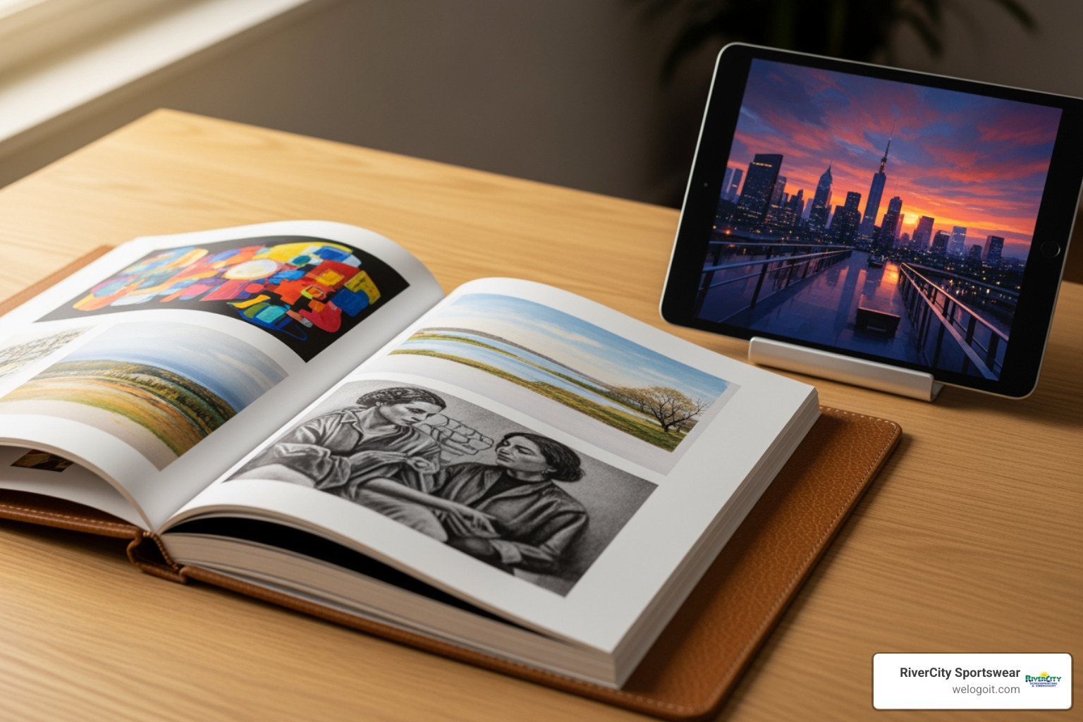 A split image showing a physical art portfolio book open on a table next to a digital art portfolio displayed on a sleek tablet, highlighting the contrast and versatility of both formats. - custom art portfolio