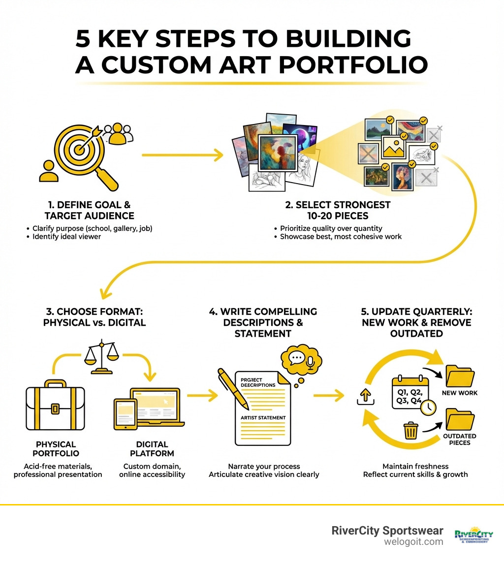 Infographic showing 5 key steps to building a custom art portfolio: 1. Define your goal and target audience, 2. Select only your strongest 10-20 pieces, 3. Choose between physical portfolios with acid-free materials or digital platforms with custom domains, 4. Write compelling project descriptions and artist statement, 5. Update quarterly with new work and remove outdated pieces - custom art portfolio infographic 