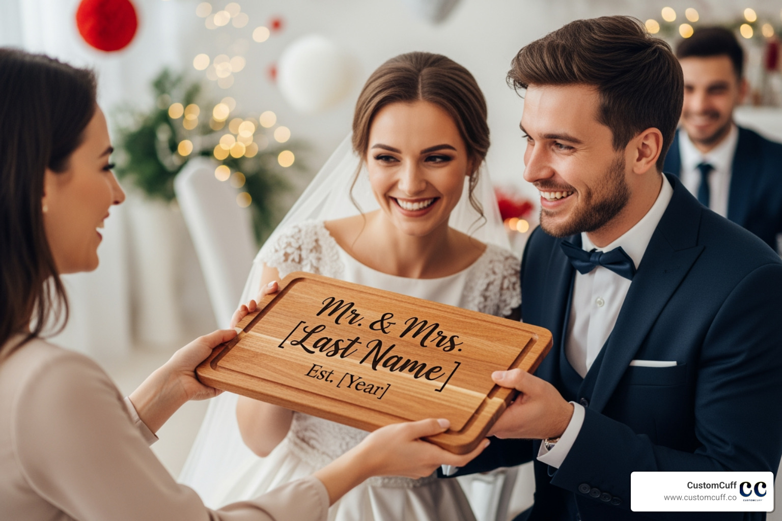 A couple receiving a personalized charcuterie board as a wedding gift - personalized charcuterie board