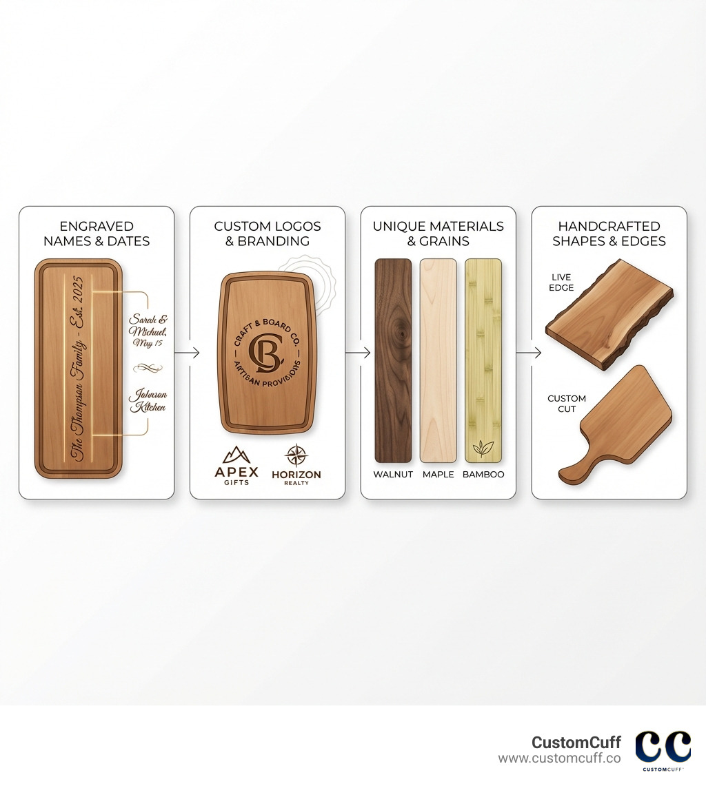 Infographic showing the key elements of personalized charcuterie boards: Engraved Names/Dates with script lettering examples, Custom Logos with business branding samples, Unique Materials showing walnut maple and bamboo wood grains, and Handcrafted Shapes displaying live edge and custom cut boards - personalized charcuterie board infographic 
