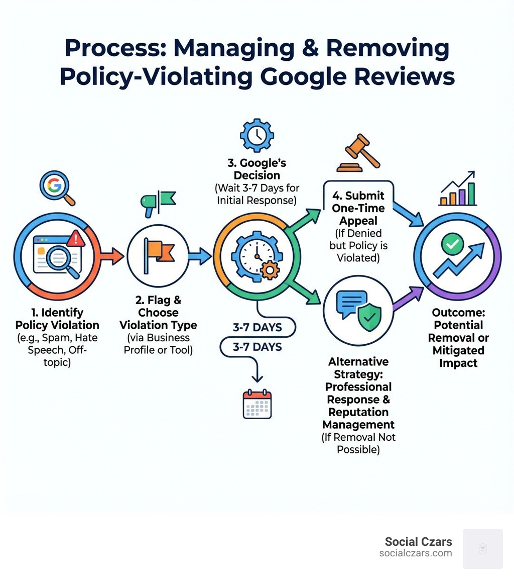 infographic showing process from identifying policy-violating review through flagging options, Google's review decision, appeal process, and alternative response strategies with timeline expectations - get negative Google reviews removed infographic 