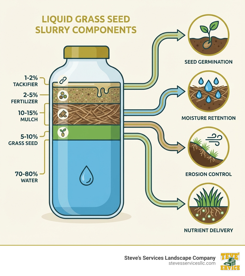infographic showing the components of liquid grass seed slurry with water at 70-80%, grass seed at 5-10%, mulch at 10-15%, fertilizer at 2-5%, and tackifier at 1-2%, with icons showing how each component contributes to seed germination, moisture retention, erosion control, and nutrient delivery - diy liquid grass seed infographic 