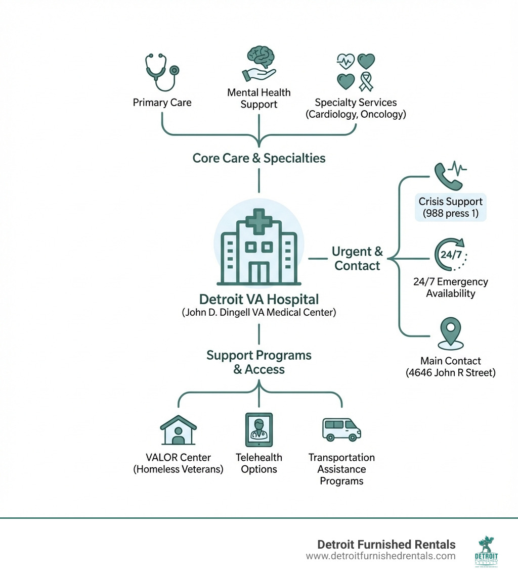 Infographic showing Detroit VA Hospital key services including primary care, mental health support, specialty services like cardiology and oncology, crisis support numbers (988 press 1), main contact information (4646 John R Street), 24/7 emergency availability, VALOR Center for homeless Veterans, telehealth options, and transportation assistance programs - detroit va hospital infographic 