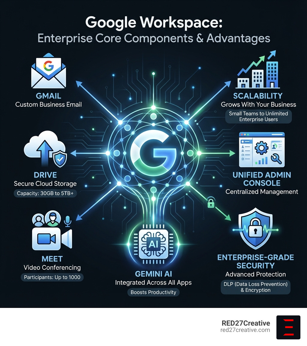 Infographic showing Google Workspace core components: Gmail for custom business email, Drive for secure cloud storage with 30GB to 5TB+ capacity, Meet for video conferencing with up to 1000 participants, Gemini AI integrated across all apps for productivity, enterprise-grade security with DLP and encryption, unified admin console for centralized management, and scalability from small teams to unlimited enterprise users - Google Business enterprise infographic Infographic showing Google Workspace core components: Gmail for custom business email, Drive for secure cloud storage with 30GB to 5TB+ capacity, Meet for video conferencing with up to 1000 participants, Gemini AI integrated across all apps for productivity, enterprise-grade security with DLP and encryption, unified admin console for centralized management, and scalability from small teams to unlimited enterprise users - Google Business enterprise infographic