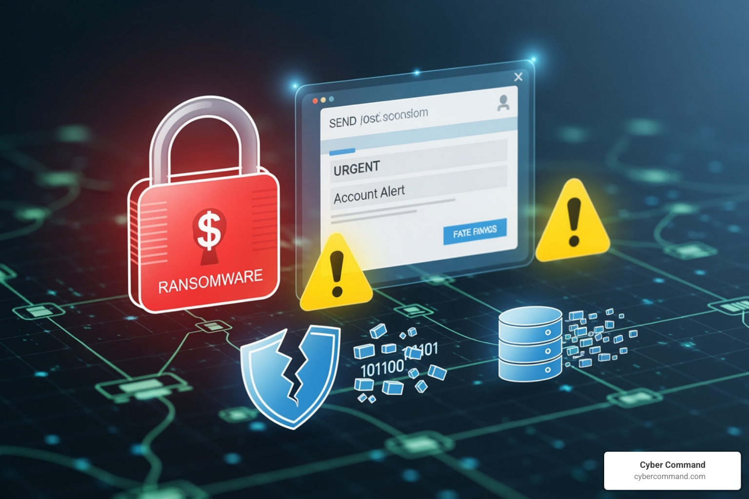 Graphic showing various cybersecurity threats like ransomware, phishing, and data breaches - it consultants orlando