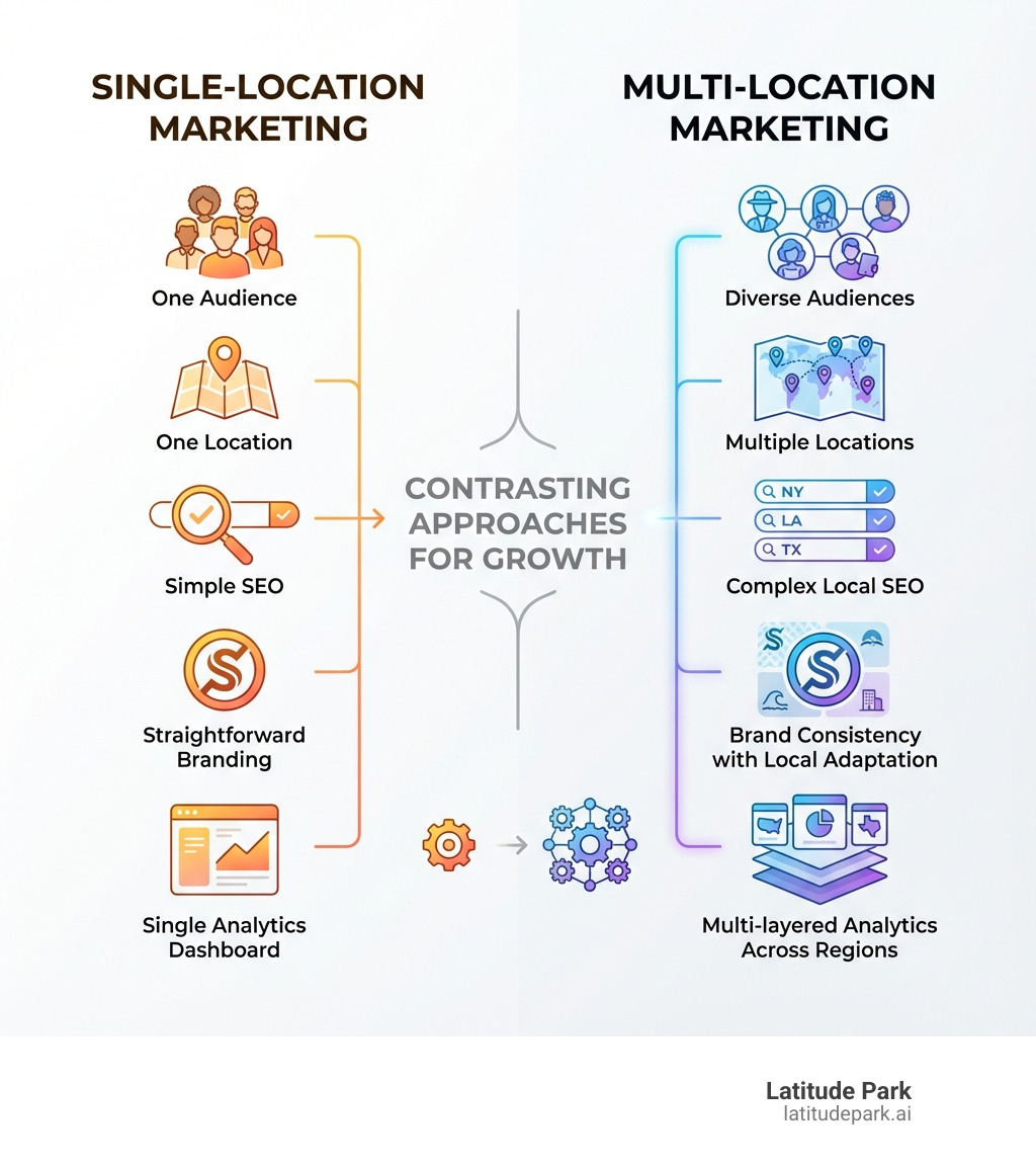 Infographic contrasting single-location marketing (one audience, one location, simple SEO, straightforward branding, single analytics dashboard) versus multi-location marketing (diverse audiences, multiple locations, complex local SEO, brand consistency with local adaptation, multi-layered analytics across regions) - what you need to know about multi-location marketing infographic 