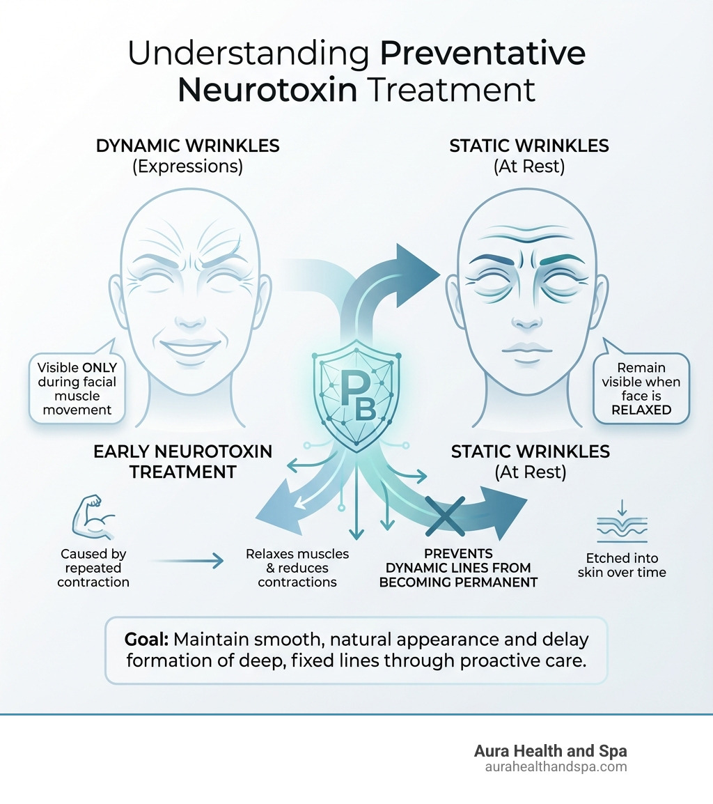 Infographic showing the difference between dynamic wrinkles that appear with facial expressions and static wrinkles that remain visible at rest, with arrows indicating how early neurotoxin treatment can prevent dynamic lines from becoming permanent - Preventative Botox treatment infographic 
