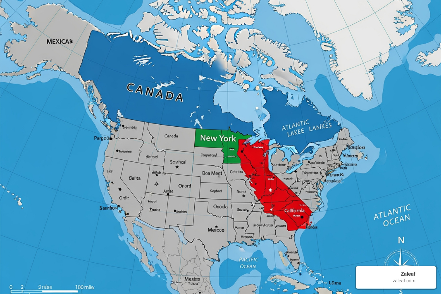 map highlighting Canada, New York, and California - Legal cannabis products