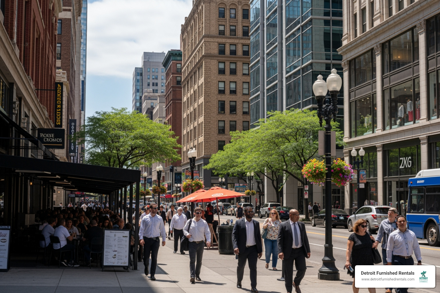 people enjoying a busy downtown Detroit street with cafes and shops - apartments for rent downtown