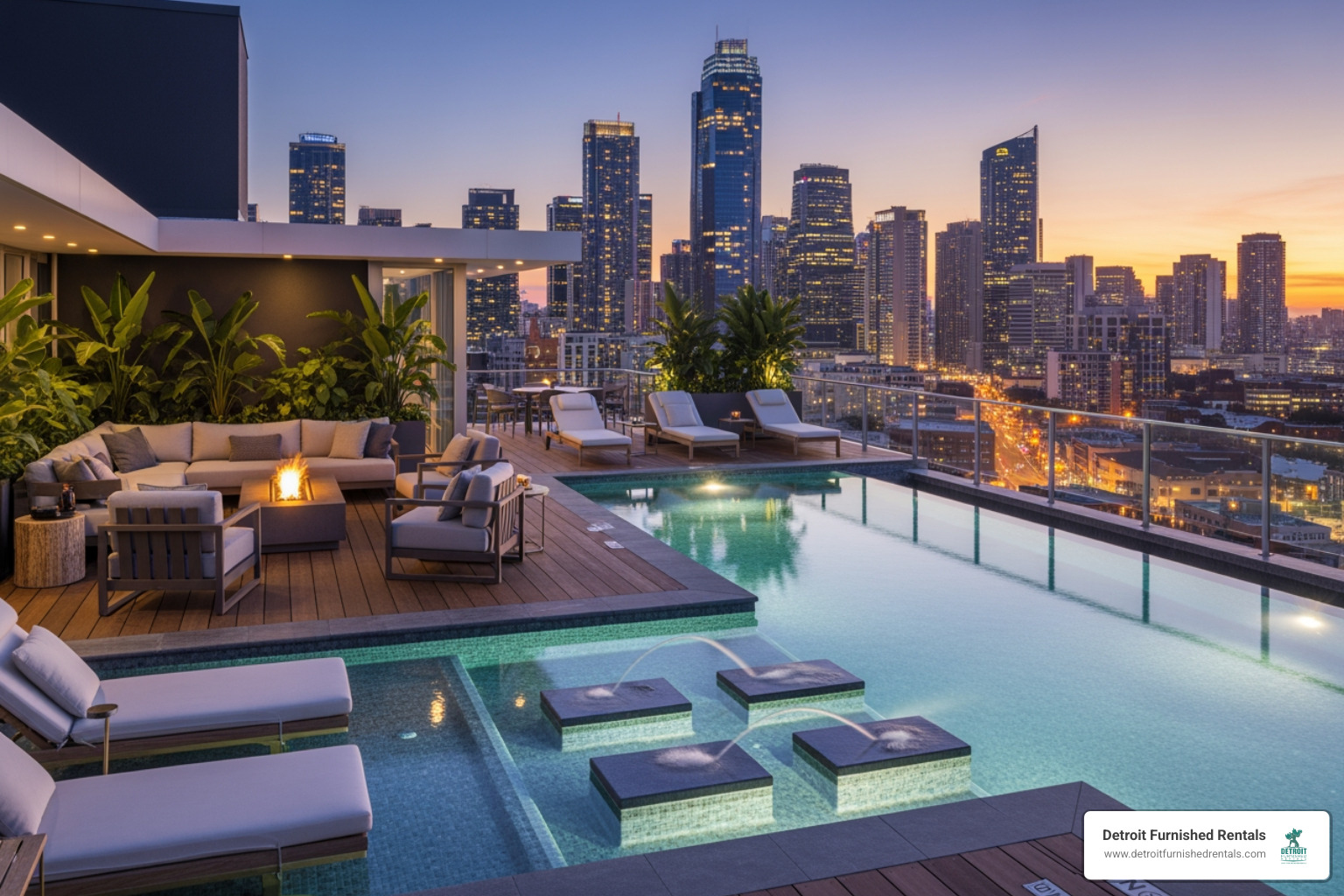 modern apartment rooftop lounge with a pool and city views - apartments for rent downtown