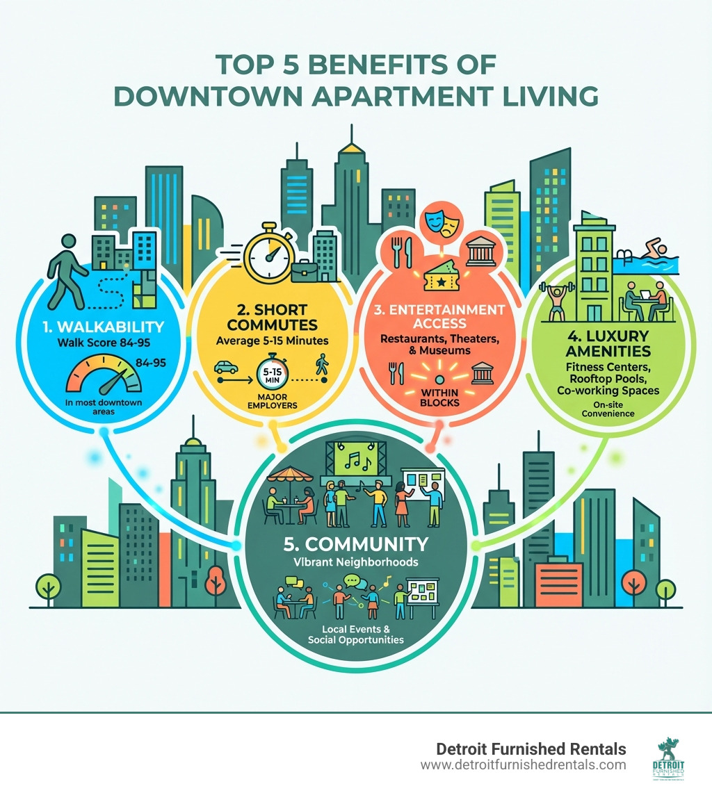Infographic showing the top 5 benefits of downtown apartment living: 1. Walkability - Walk Score 84-95 in most downtown areas, 2. Short Commutes - Average 5-15 minutes to major employers, 3. Entertainment Access - Restaurants, theaters, and museums within blocks, 4. Luxury Amenities - Fitness centers, rooftop pools, co-working spaces, 5. Community - Vibrant neighborhoods with local events and social opportunities - apartments for rent downtown infographic 