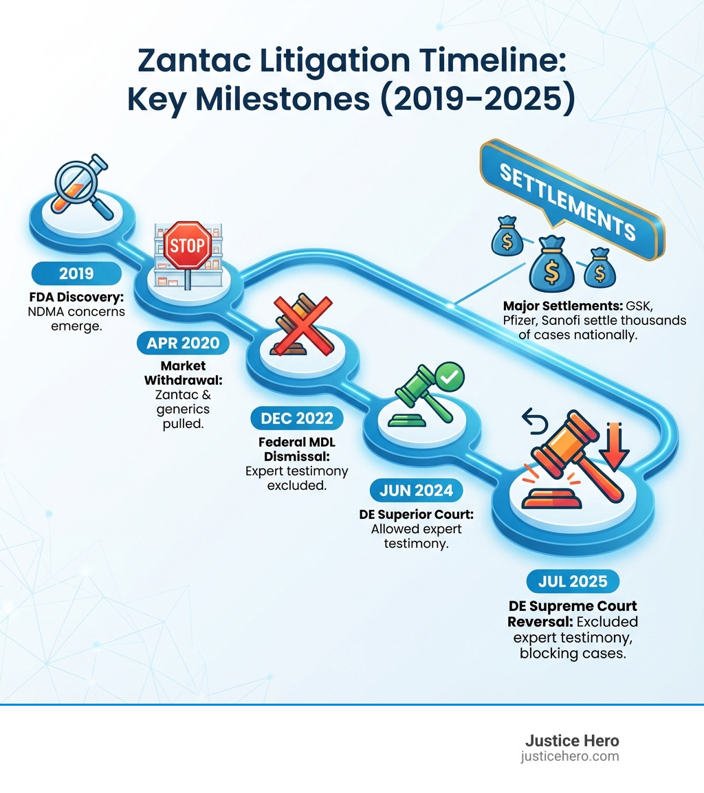 Infographic showing Zantac litigation timeline from 2019 FDA discovery through 2025 Delaware Supreme Court ruling, with key milestones including the April 2020 market withdrawal, December 2022 federal MDL dismissal, June 2024 Delaware Superior Court approval, July 2025 Supreme Court reversal, and major manufacturer settlements - zantac lawsuit delaware infographic 